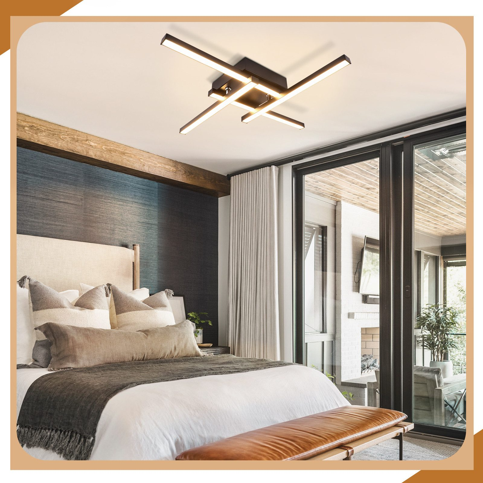 Una camera da letto moderna con letto, panca in pelle e lampada da soffitto.