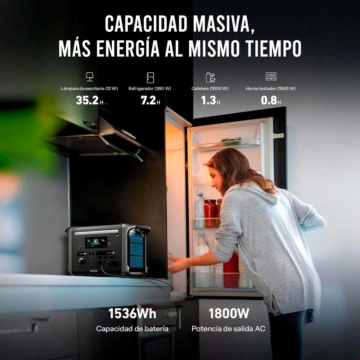 Kobieta otwiera lodówkę obok przenośnej stacji zasilania.