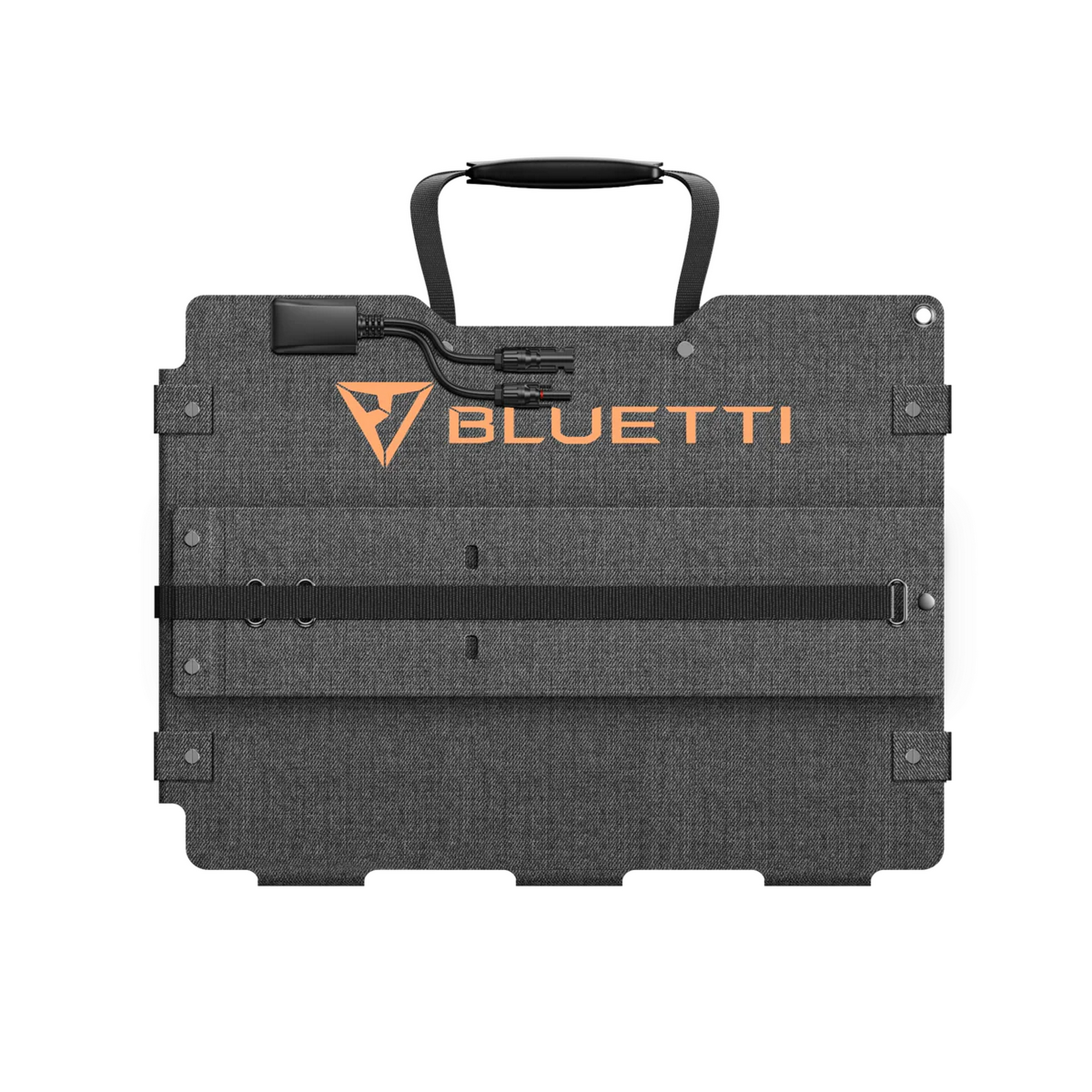 Szary składany panel słoneczny z pomarańczowym logo Bluetti i uchwytem.