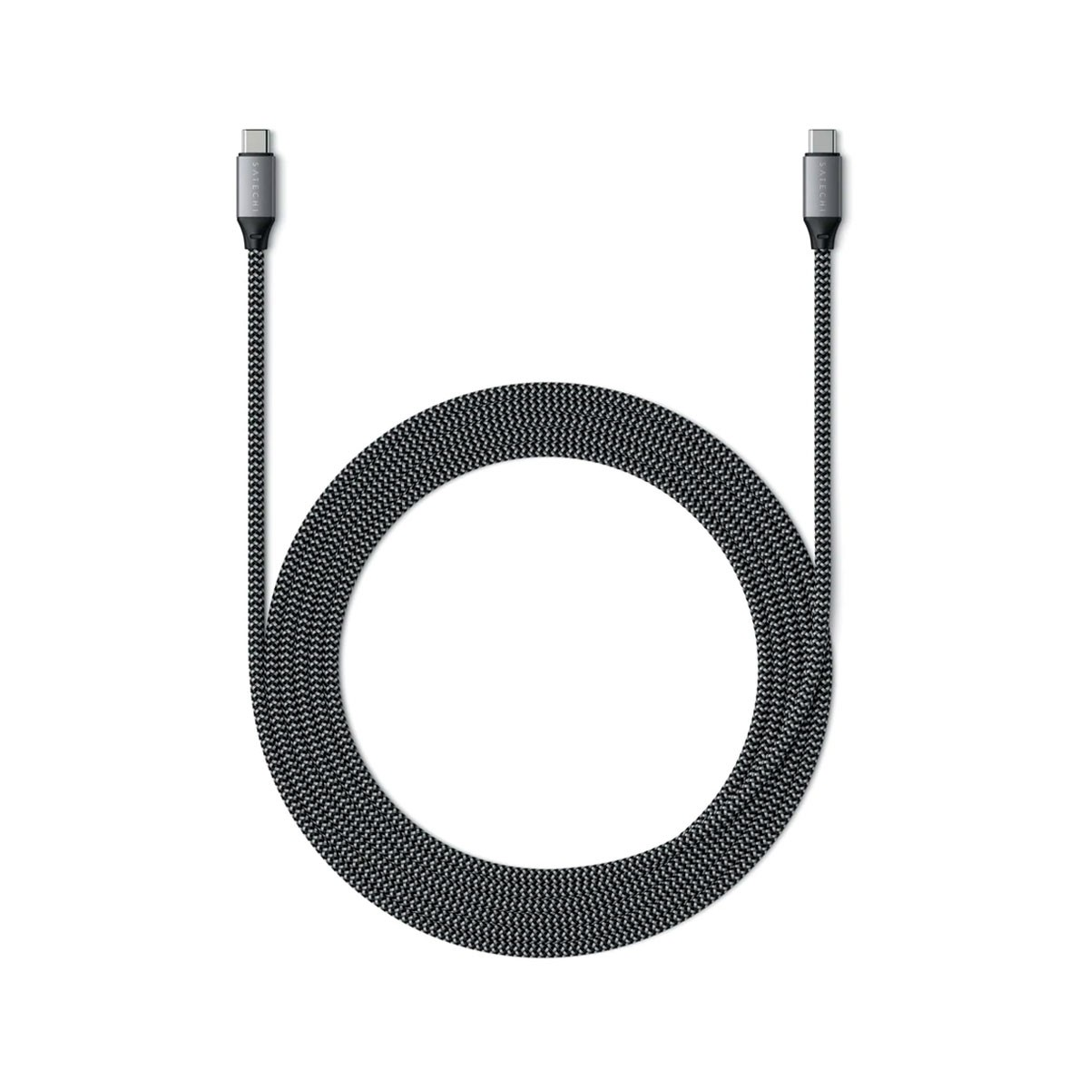 Cavo USB-C grigio e nero con due connettori, su sfondo bianco.