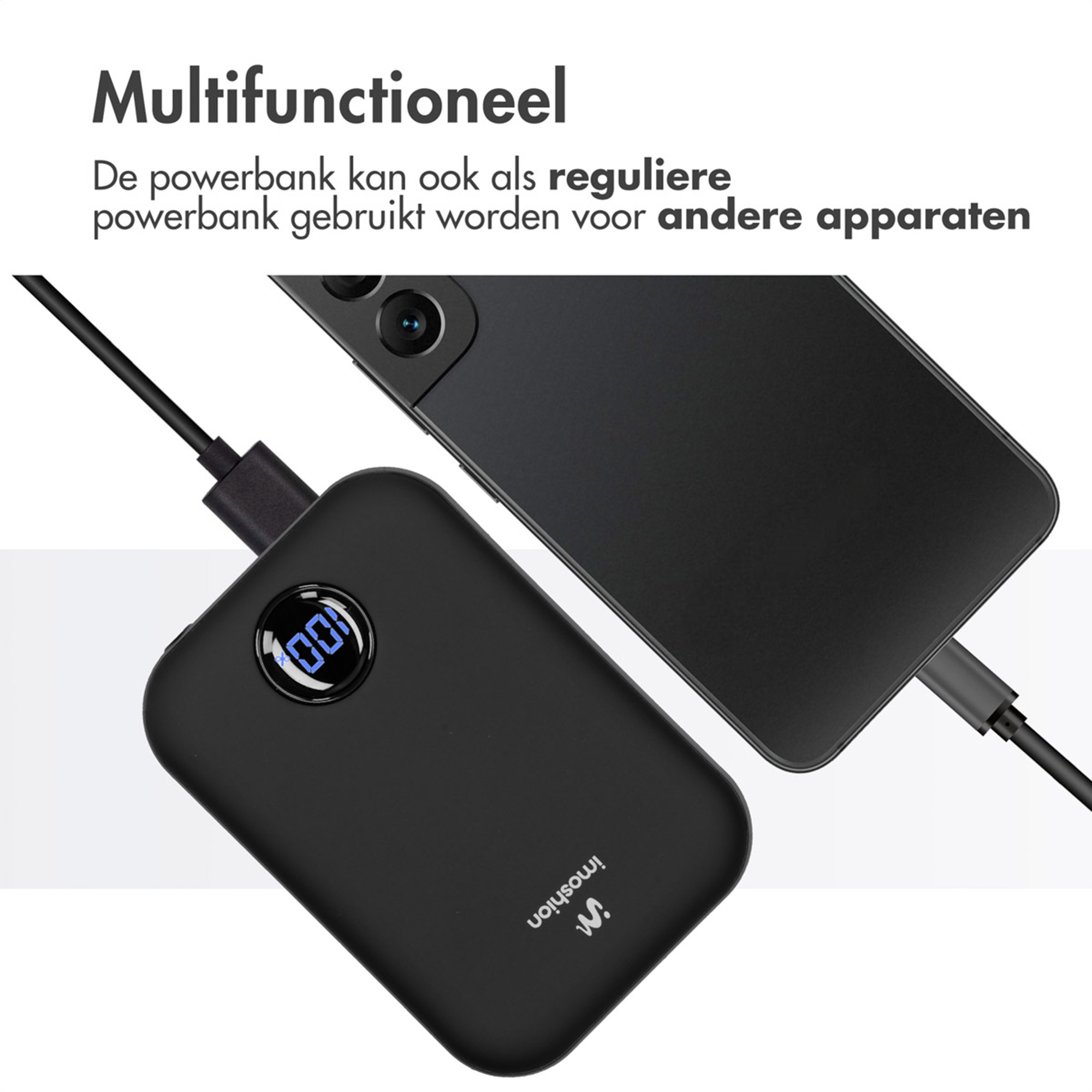 Un câble de chargement noir relie un smartphone à une batterie externe.