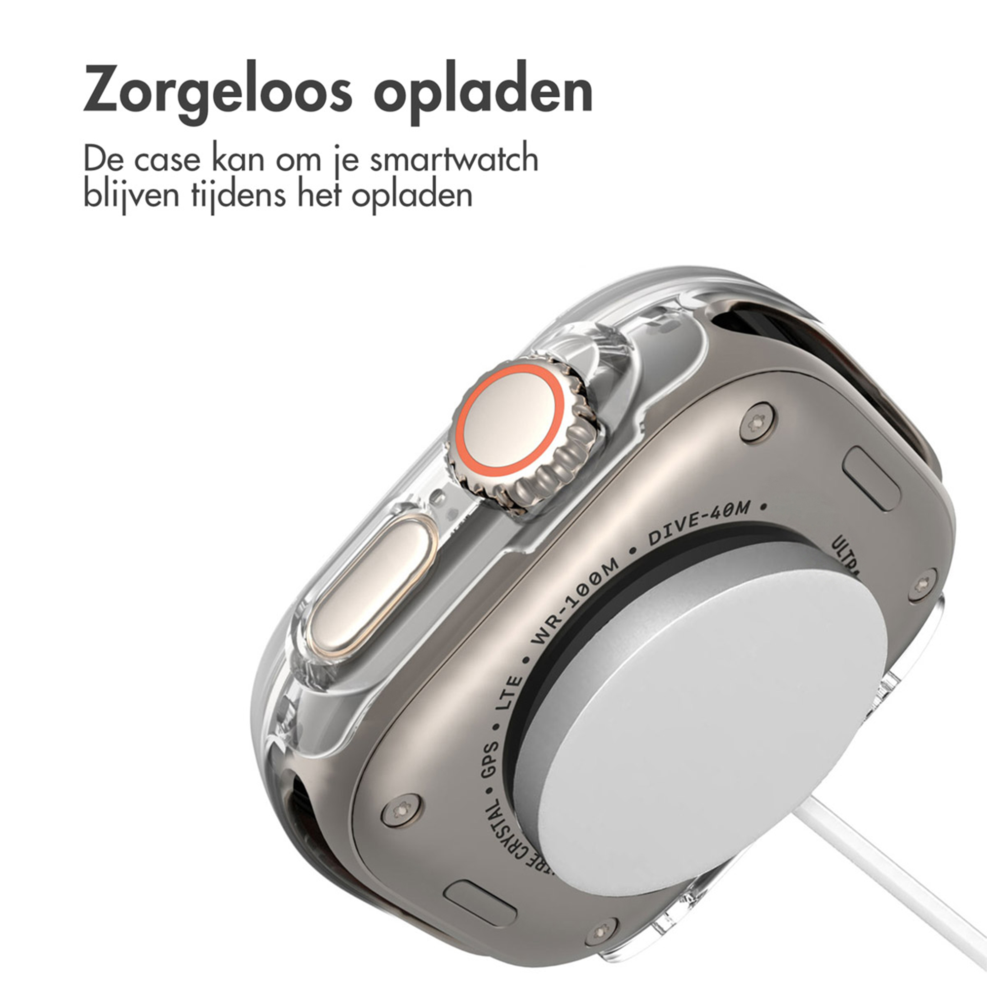 Grey smartwatch in clear case charging on white background.