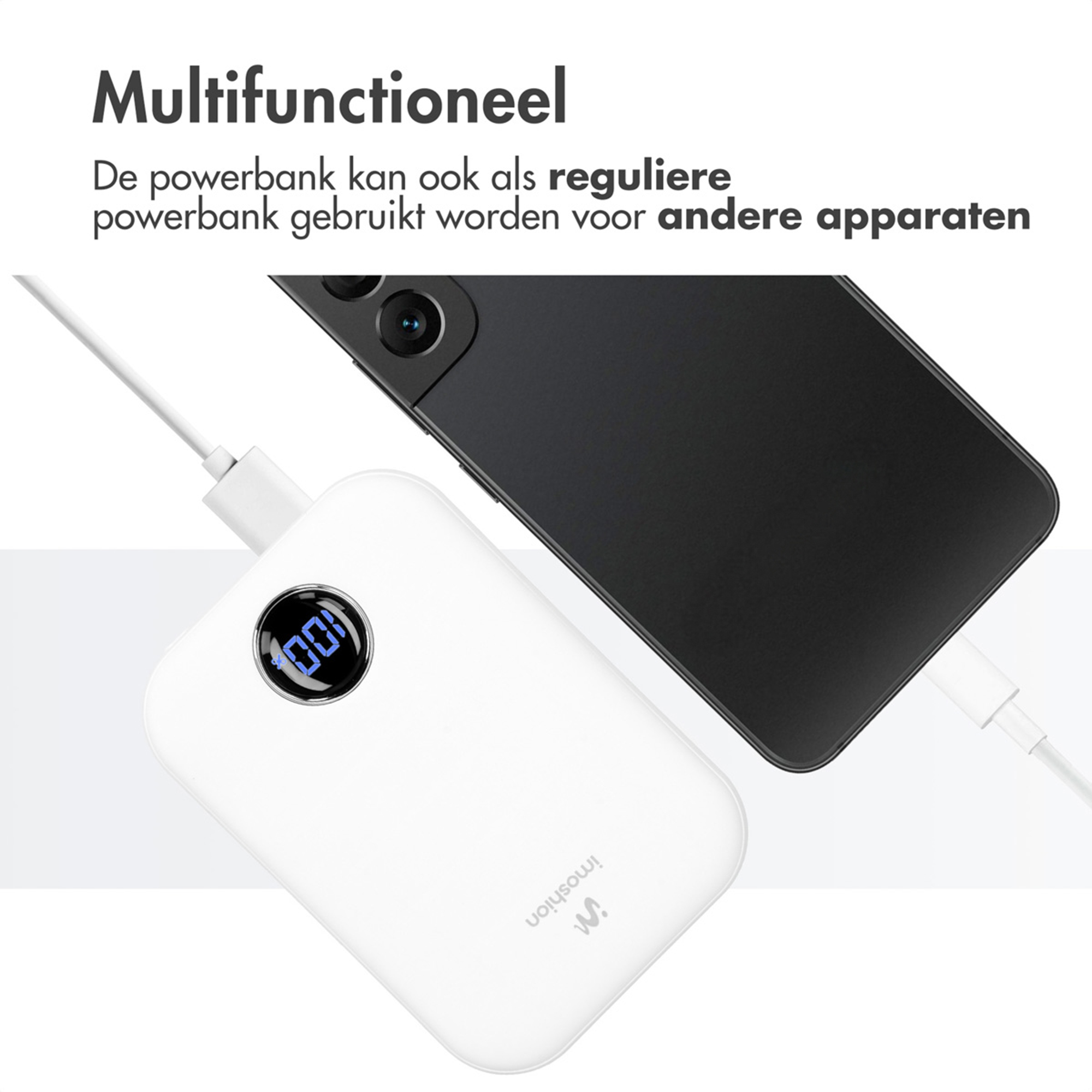 Ein weißes Ladegerät mit 100% Anzeige lädt ein schwarzes Handy.