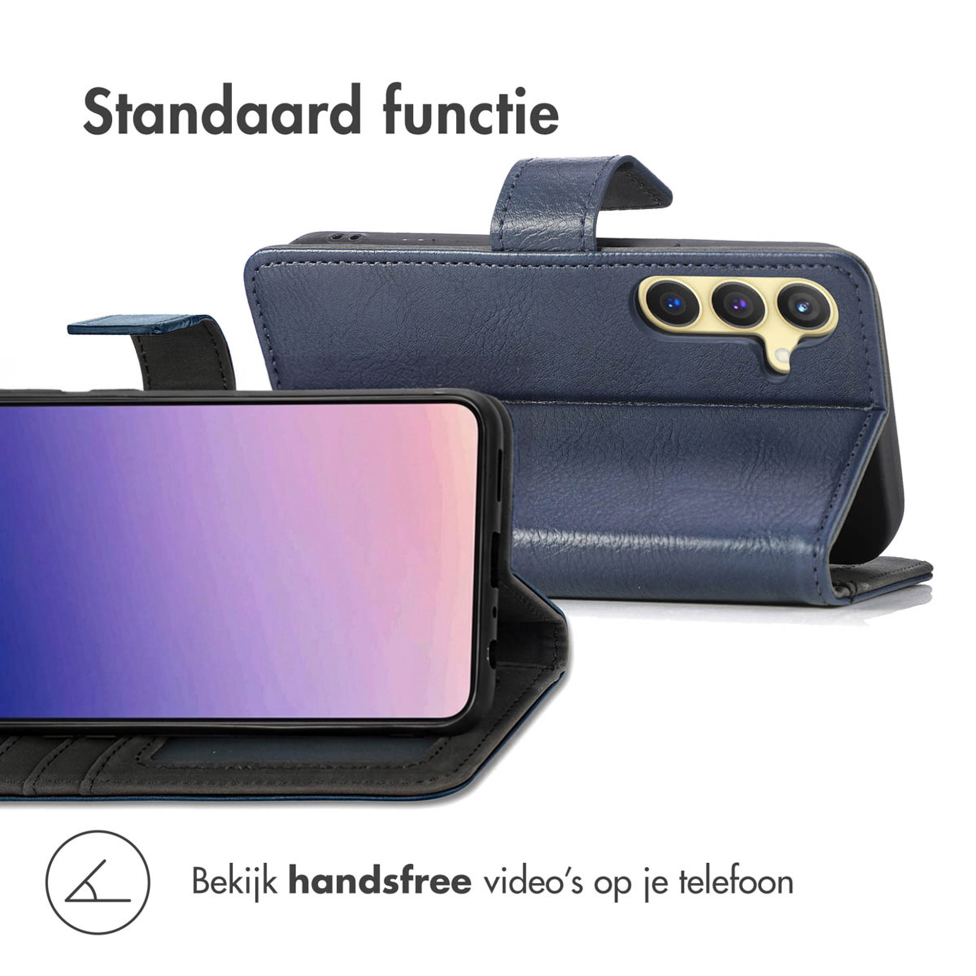 Een blauwe telefoon flipcase met camera-uitsparing en standaardfunctie.