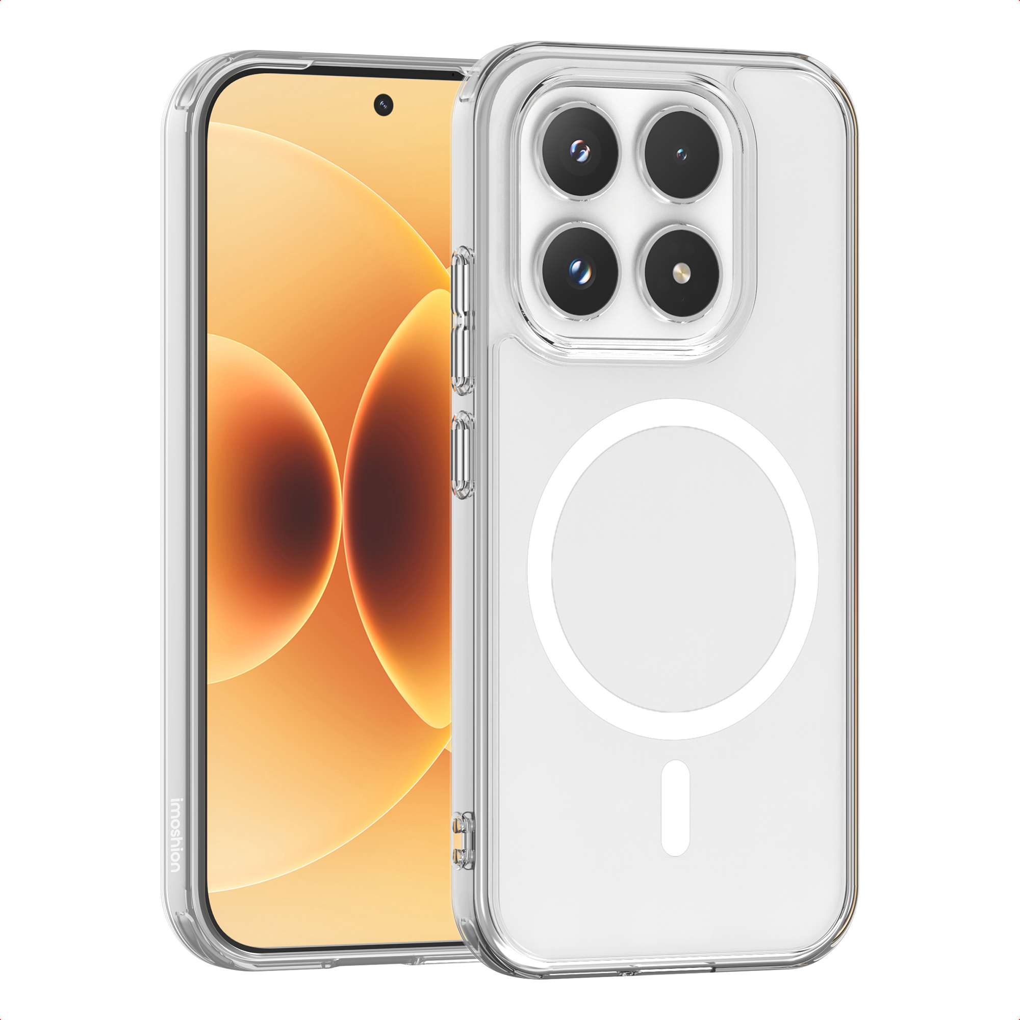 Une coque de téléphone transparente avec quatre caméras et un anneau magnétique.