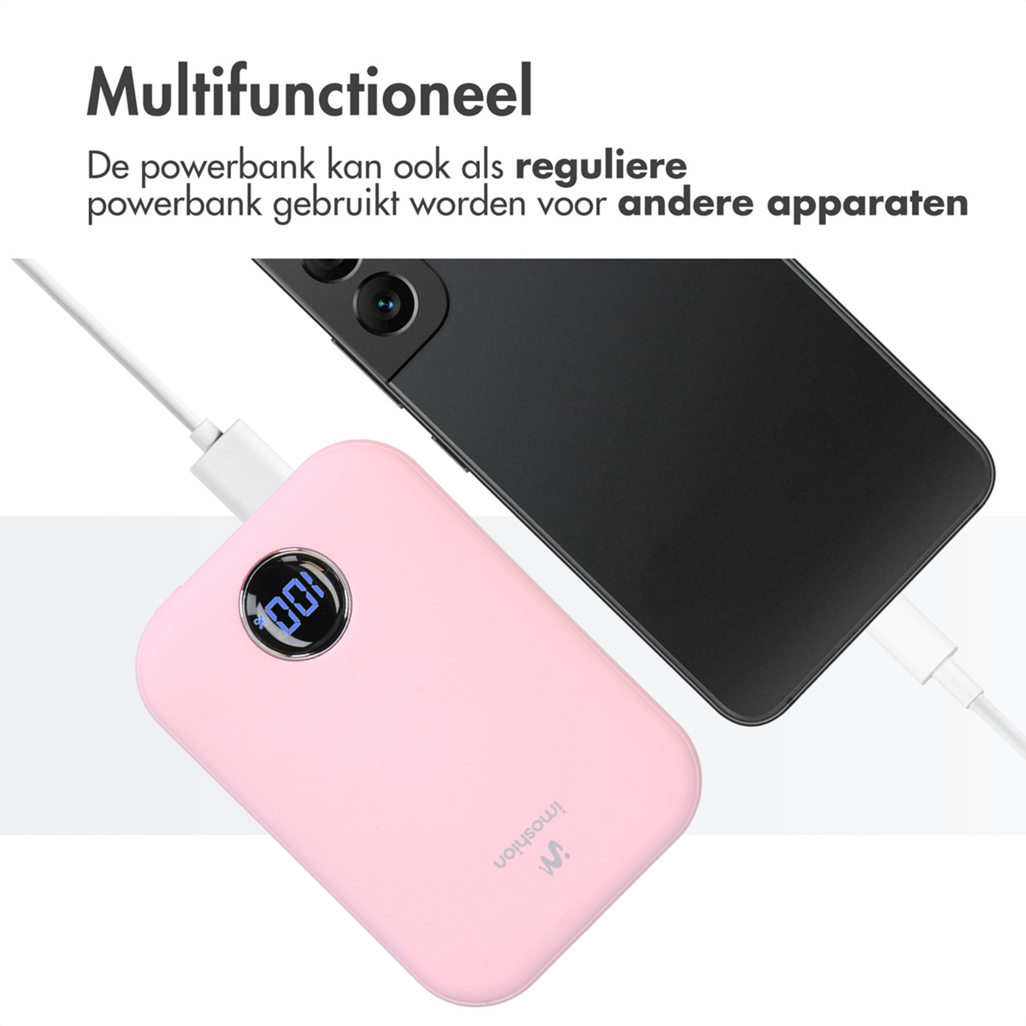 Ein rosa Powerbank mit 100% Anzeige lädt ein schwarzes Handy.