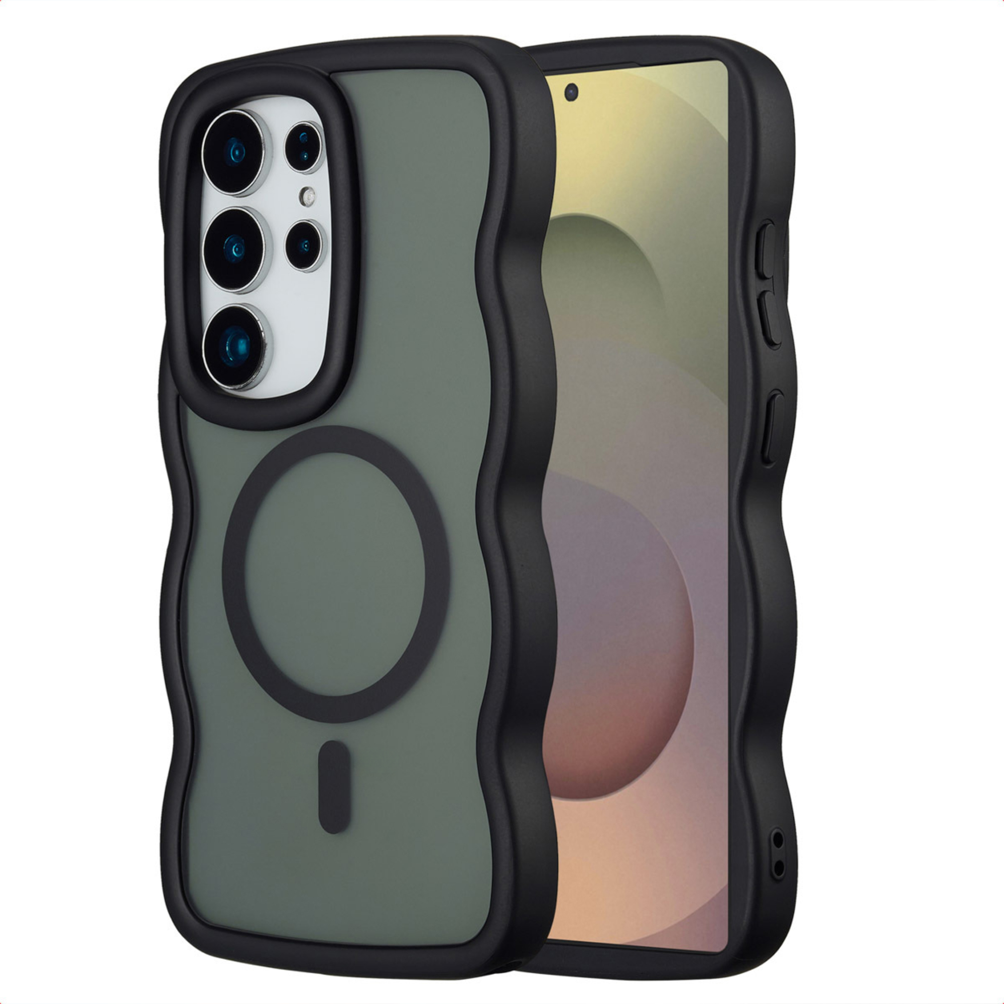 Groene telefoonhoes met zwarte rand en cameramodule, Magsafe-ring.
