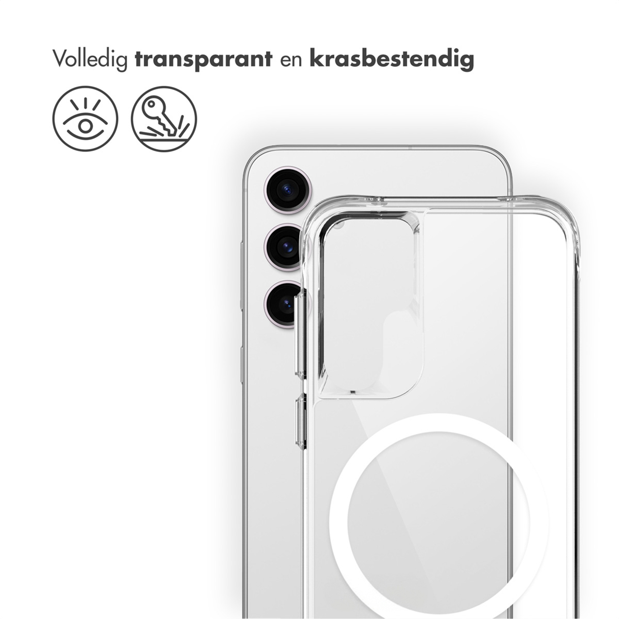 Coque de téléphone transparente montrant les objectifs et un anneau magnétique.