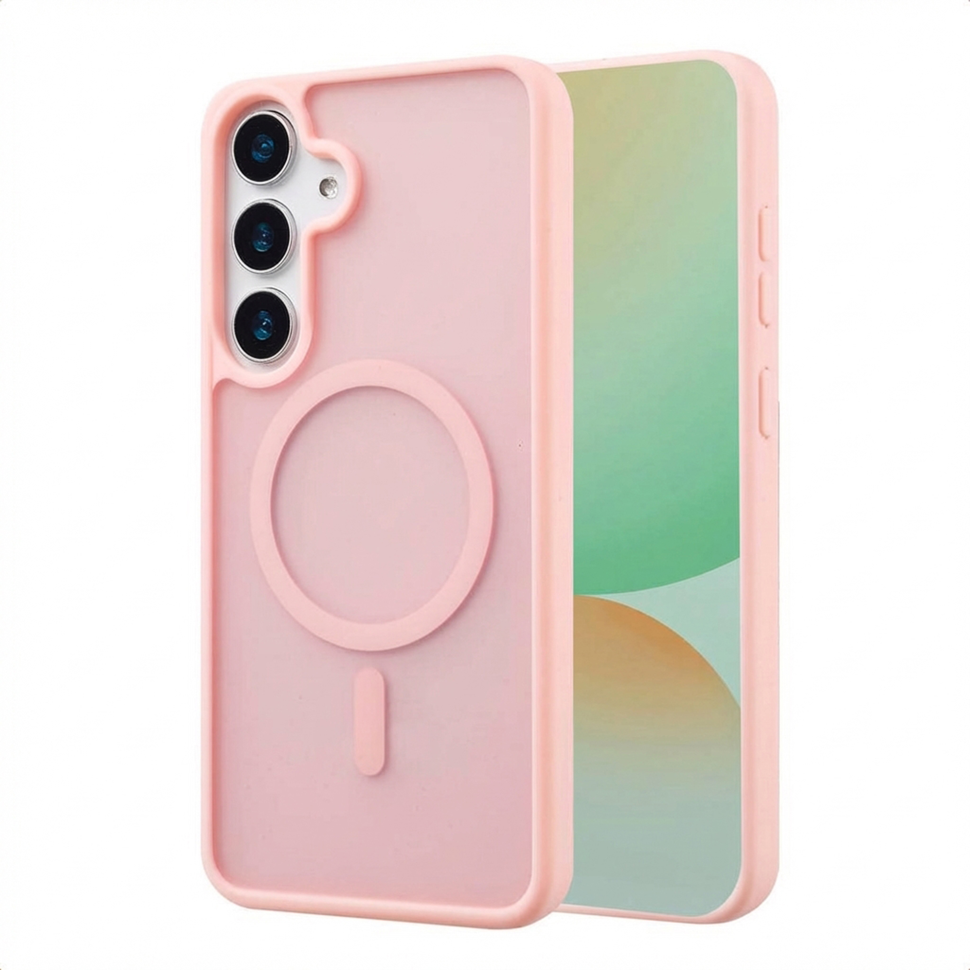 Een roze telefoonhoes met drie camera's en een ringhouder.