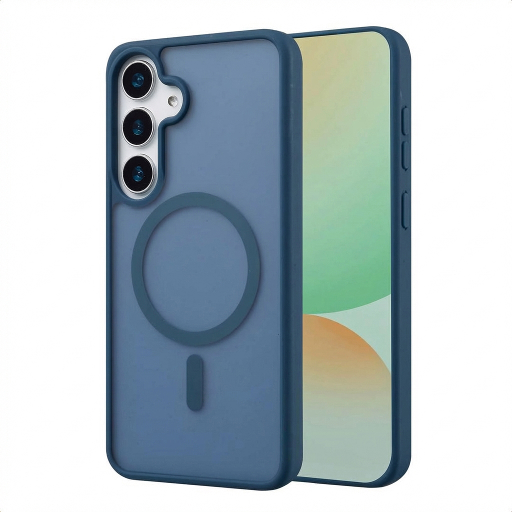 Blauw telefoonhoesje met drie camera's en een magneetring.