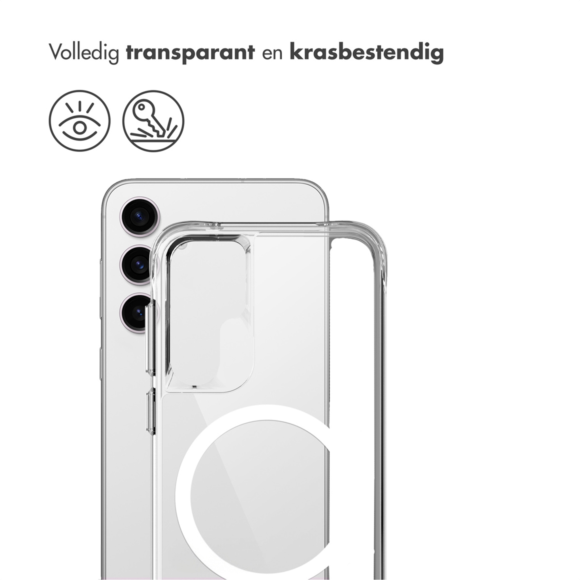Coque de téléphone transparente avec protection caméra. Deux icônes : œil et clé.