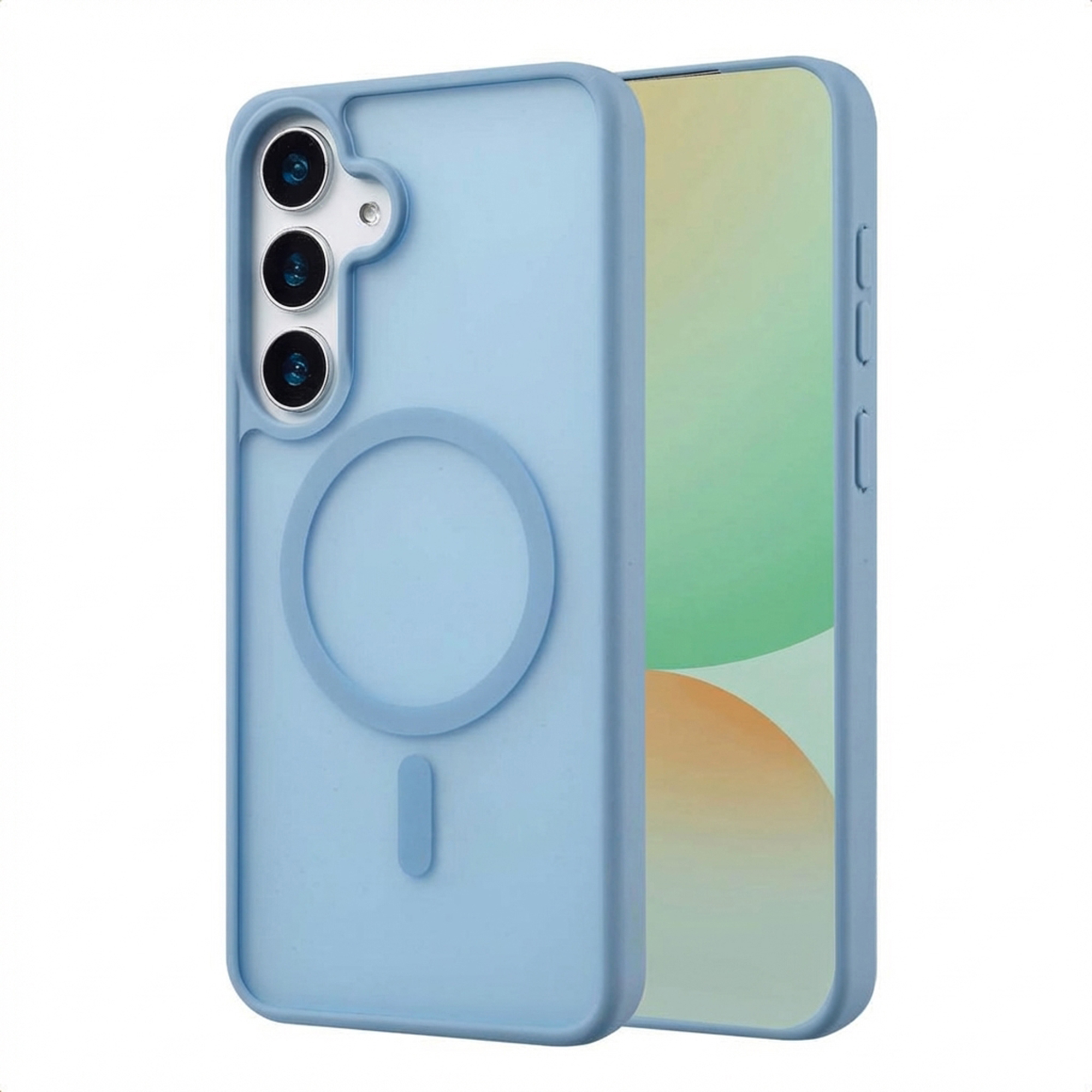 Een lichtblauwe telefoonhoes met drie camera's en een cirkelvormige ring.