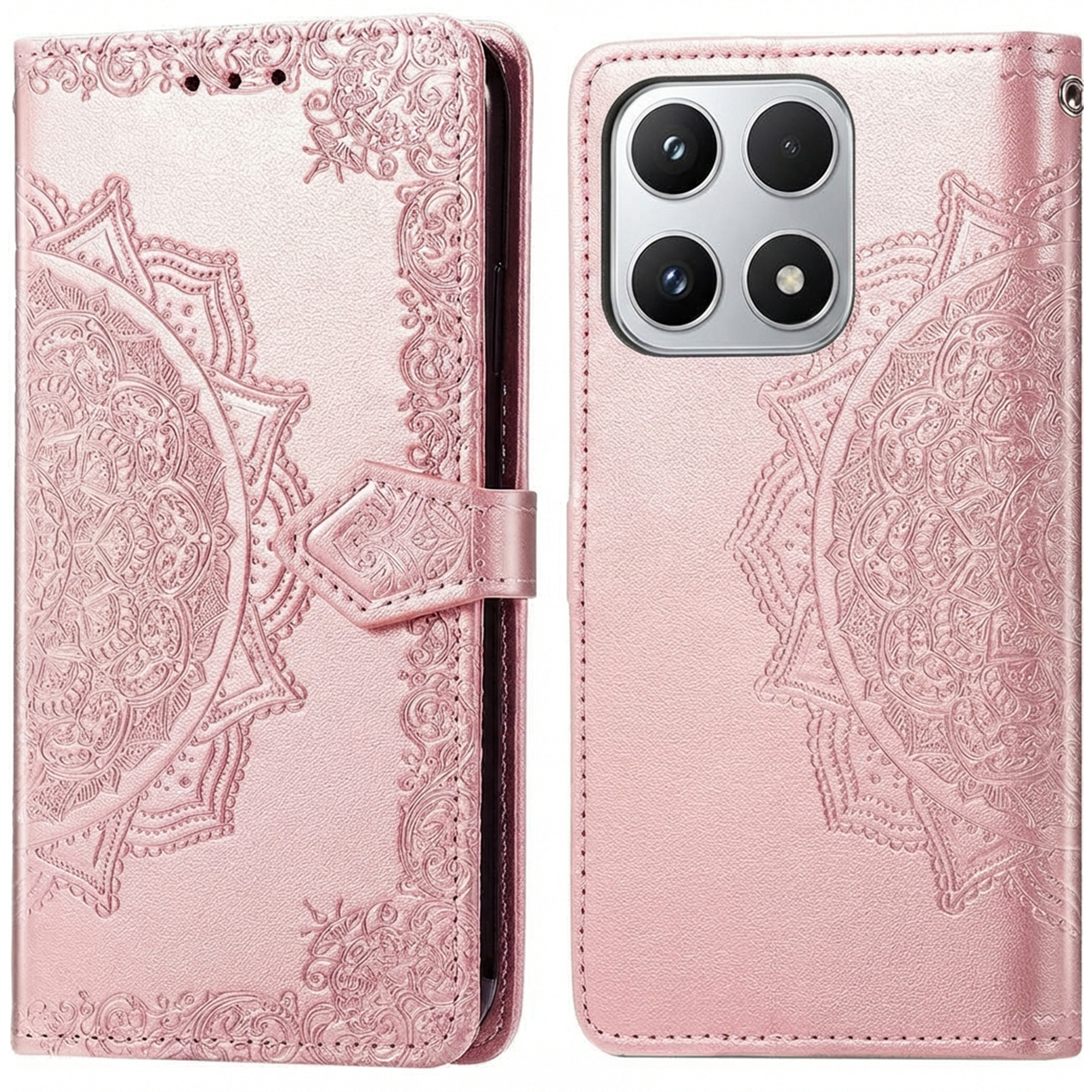 Une coque de téléphone rose à motif mandala en relief, fermée et ouverte.