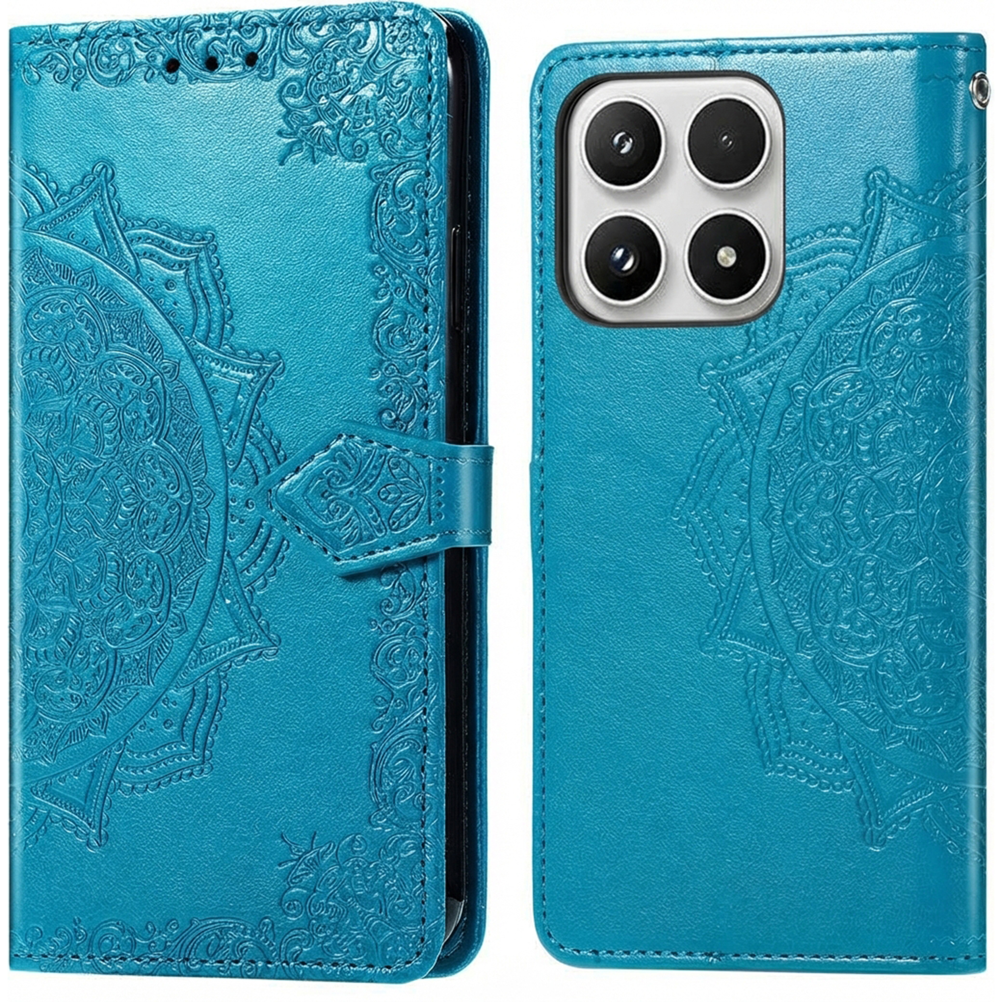 Étui à rabat en cuir bleu avec mandala en relief et découpe caméra.