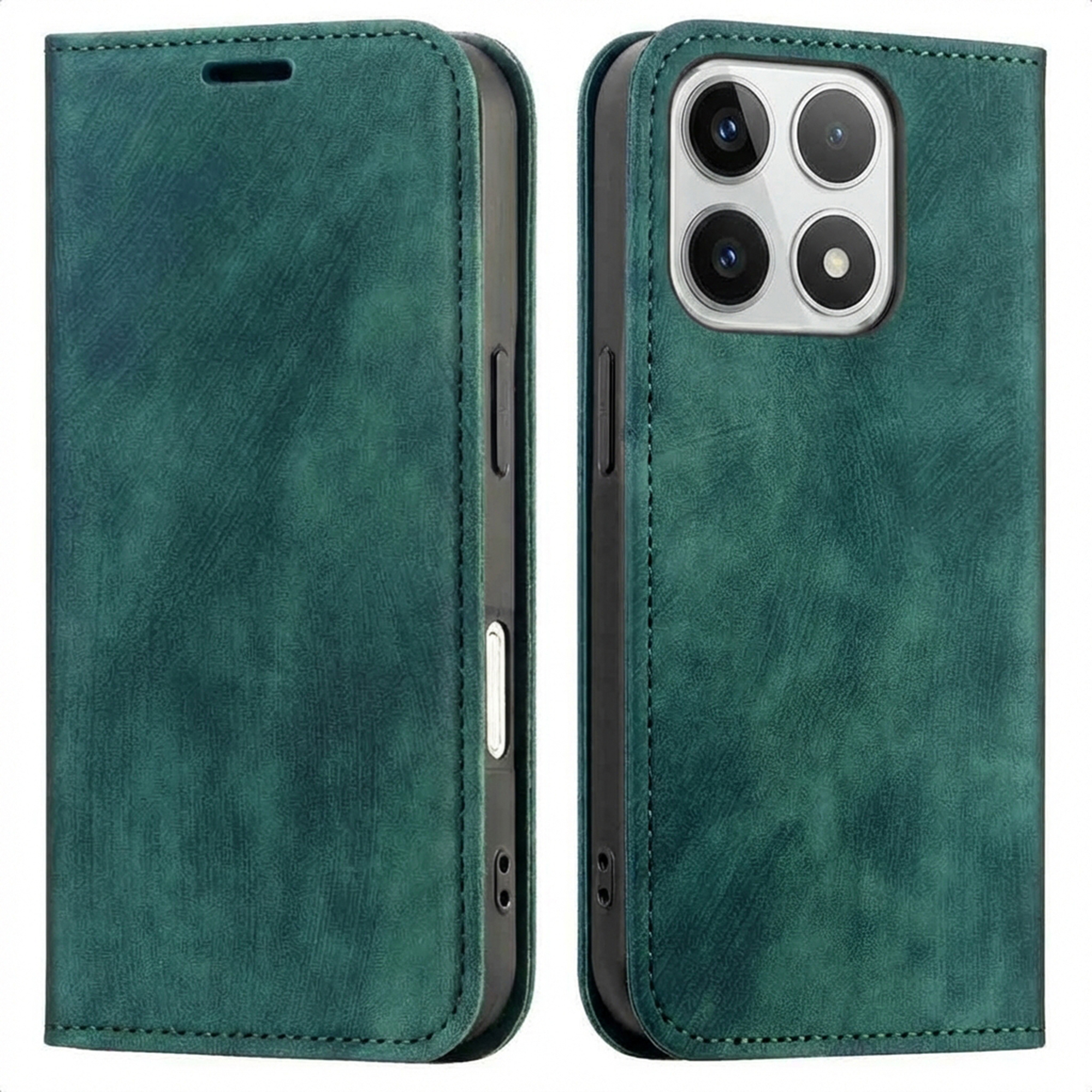 Groene telefoonhoes met voor- en achterkant en camera.