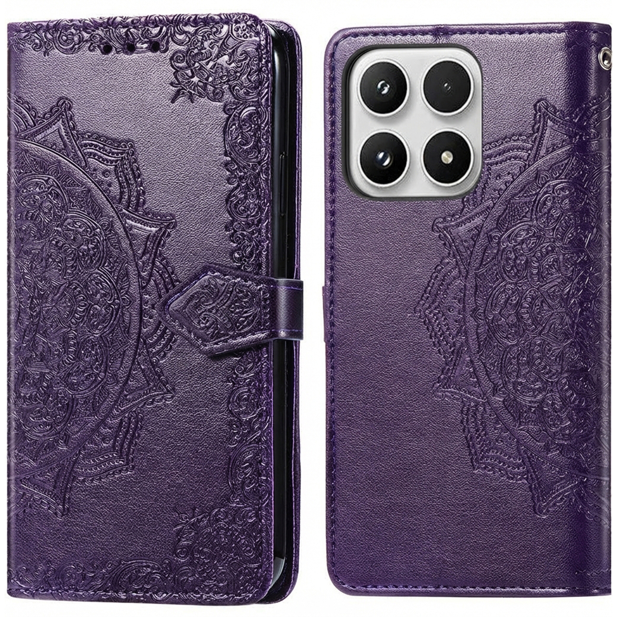 Paarse telefoonhoes met mandala-reliëf, open, toont camera's