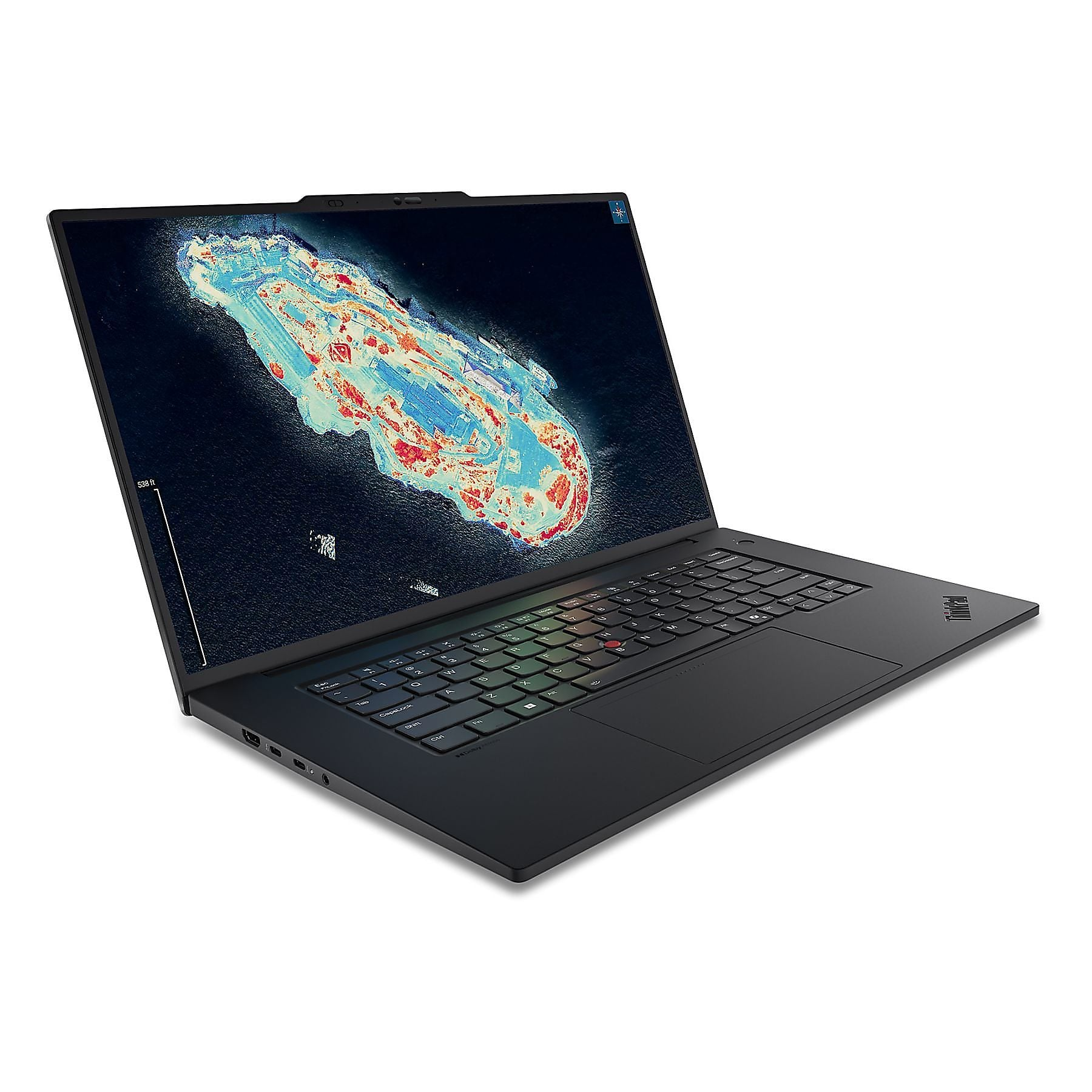 Laptop nero con una grafica astratta e colorata sullo schermo aperto.