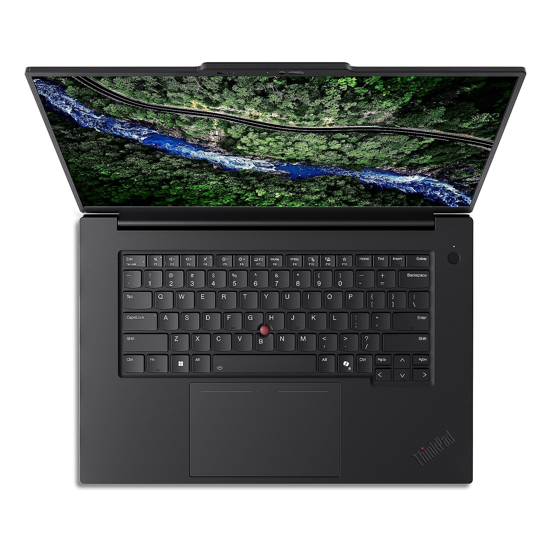 Un laptop nero aperto che mostra un'immagine del paesaggio sul suo schermo.