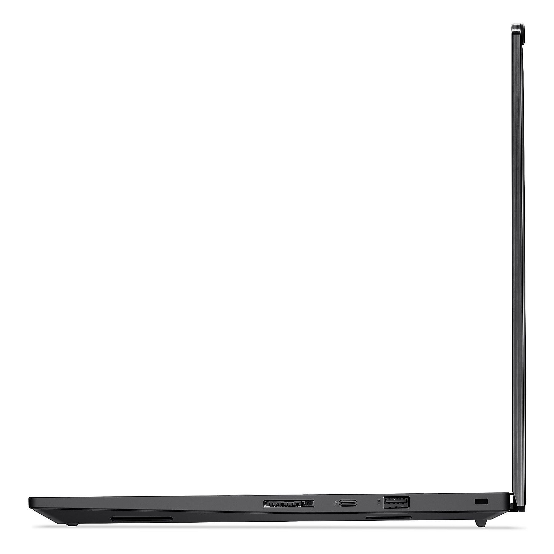 Vista laterale di un laptop nero con porte sul bordo inferiore.
