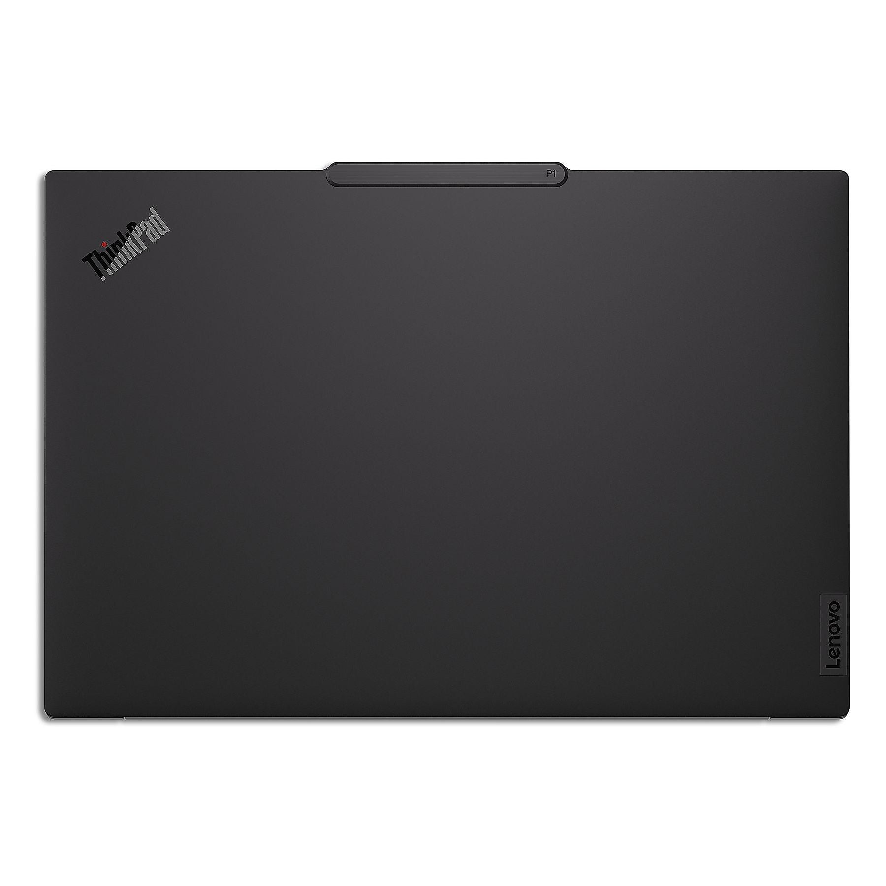 Laptop nero chiuso con logo ThinkPad e marchio Lenovo.