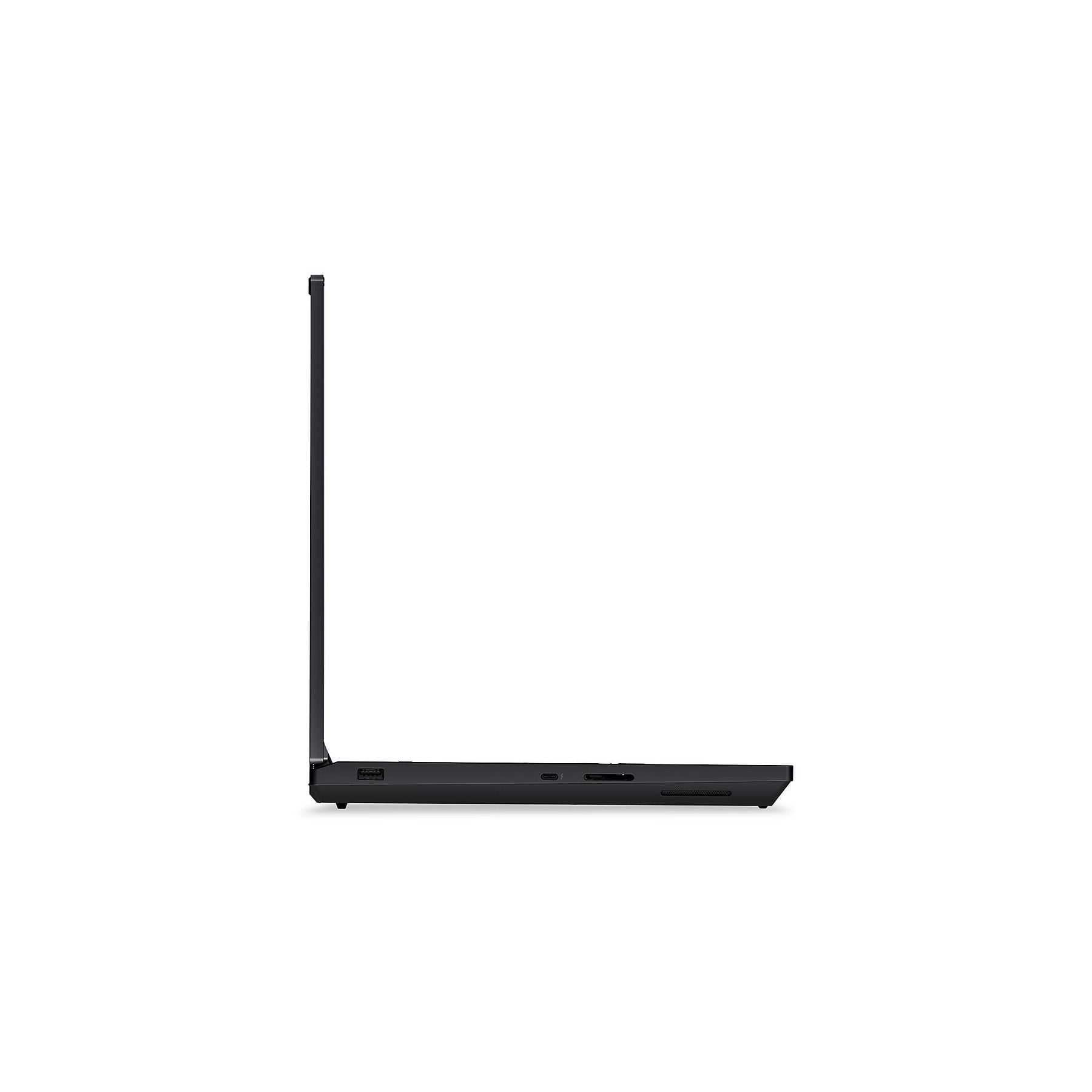 Un laptop nero di profilo, con porte visibili.