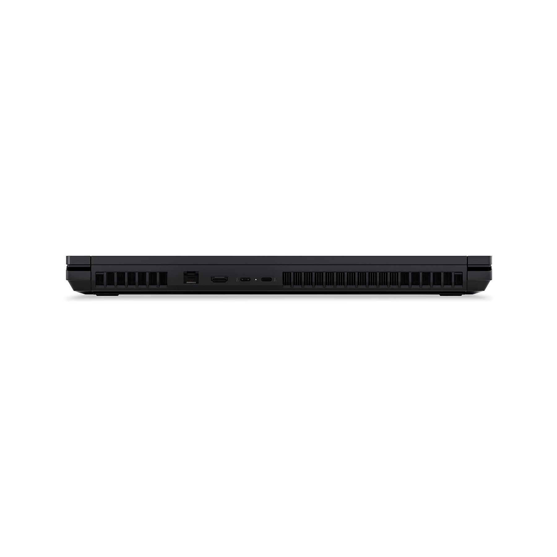 Laptop nero con prese d'aria e porte sul lato.
