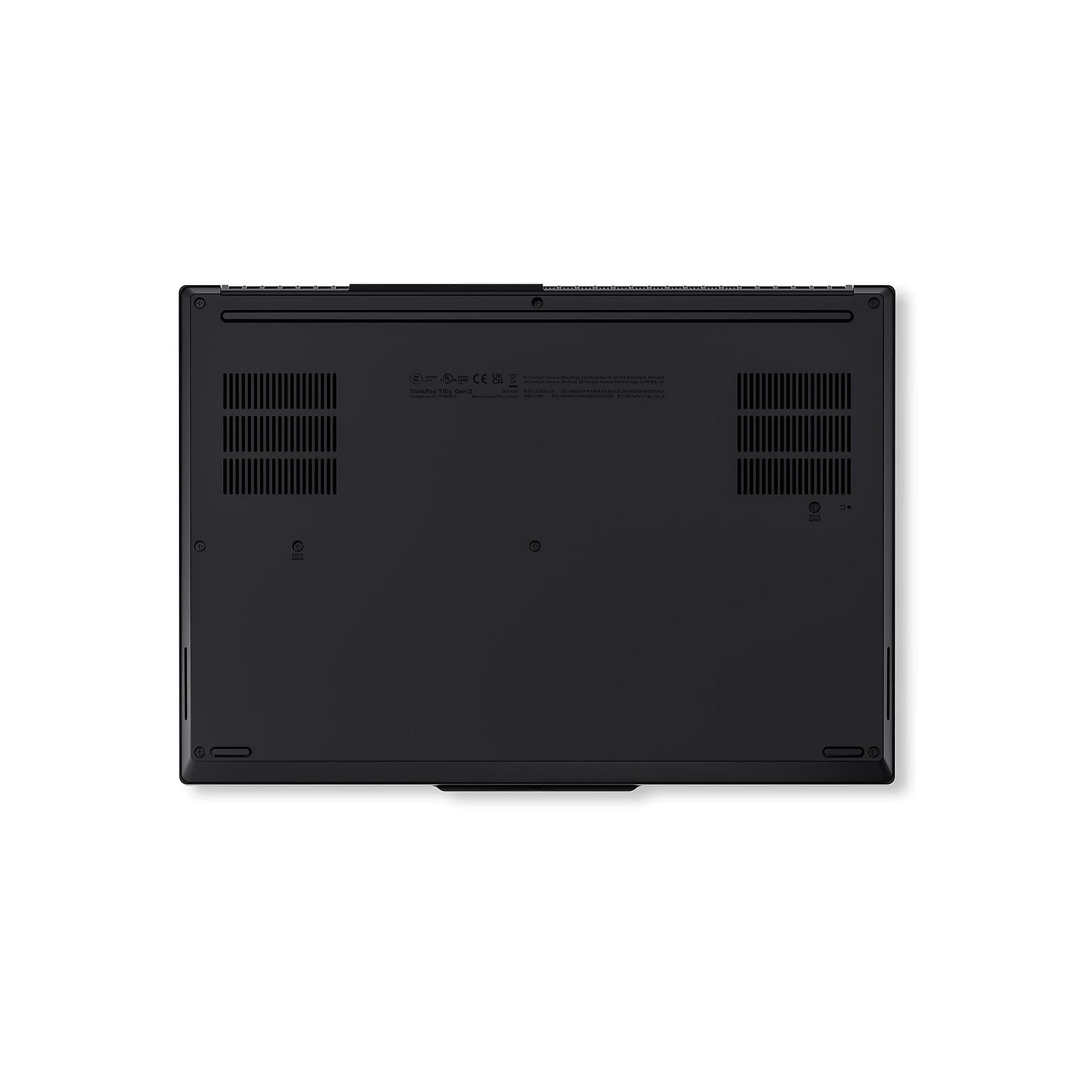 Parte inferiore di un laptop nero, con prese d'aria ed etichette.