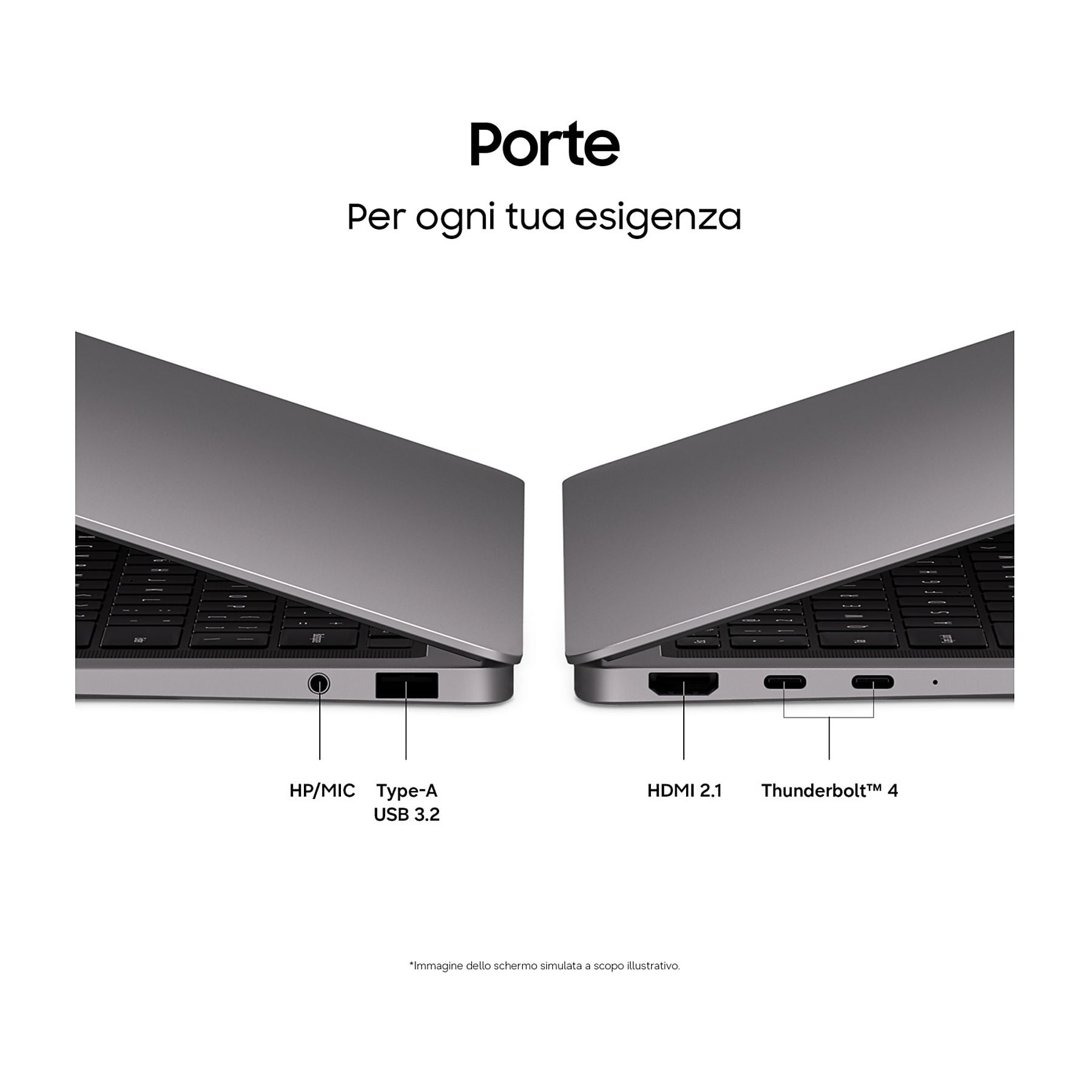 Primo piano di due laptop grigi che mostrano le porte: HP/MIC, USB 3.2, HDMI 2.1, Thunderbolt 4.