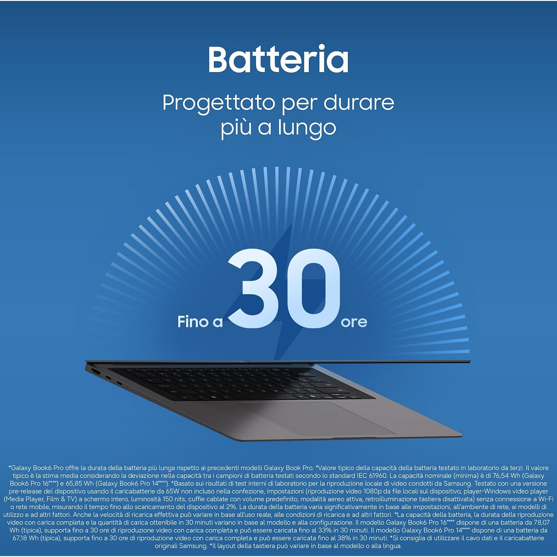 Un laptop con un grande simbolo "30" che indica 30 ore di autonomia.