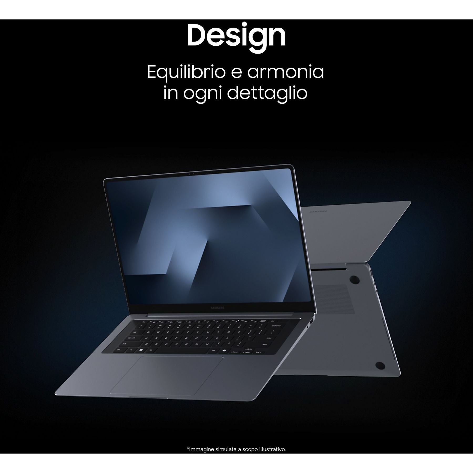 Un laptop Samsung grigio con il coperchio aperto, su sfondo nero.