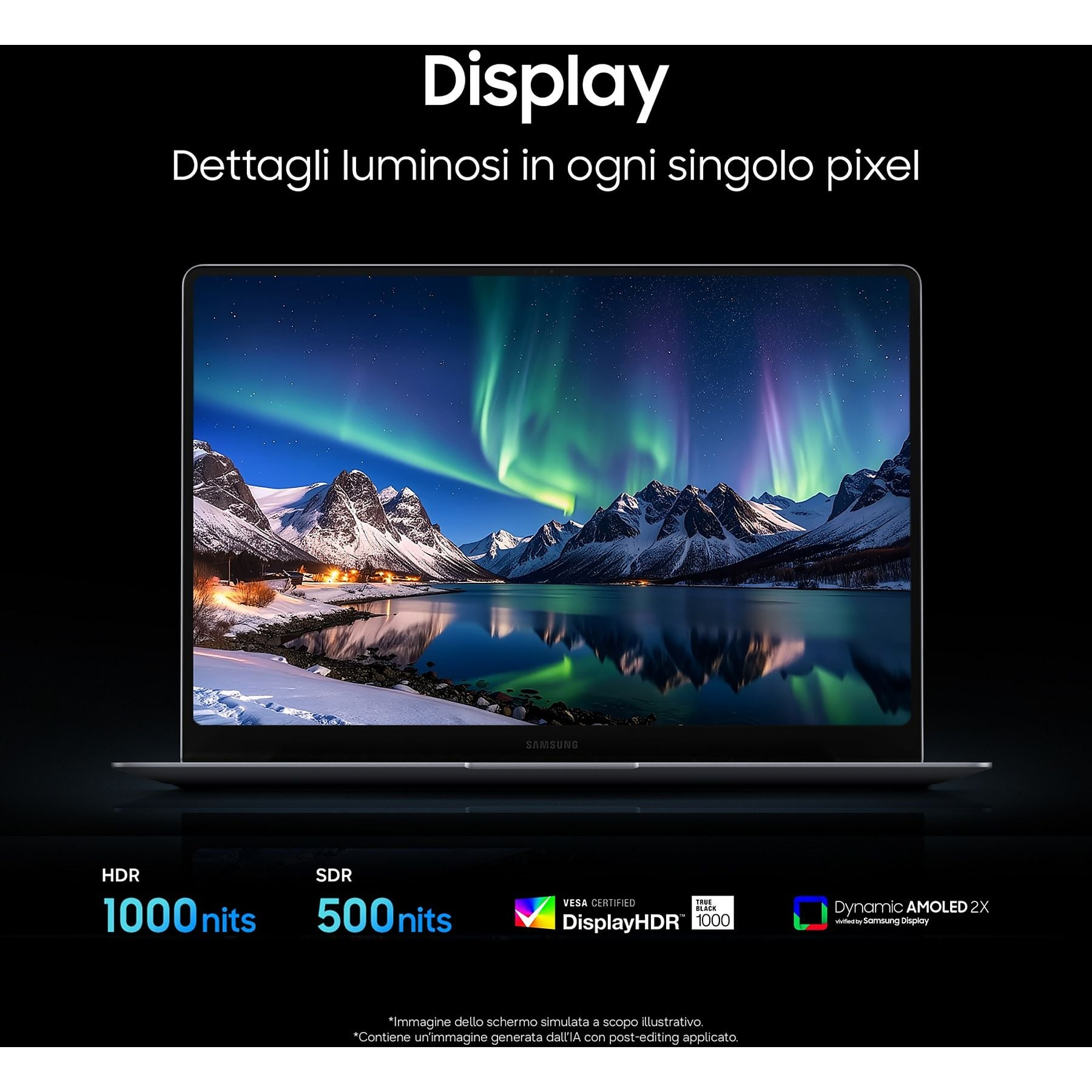 Un laptop mostra un'immagine dell'aurora boreale su montagne innevate e un lago.