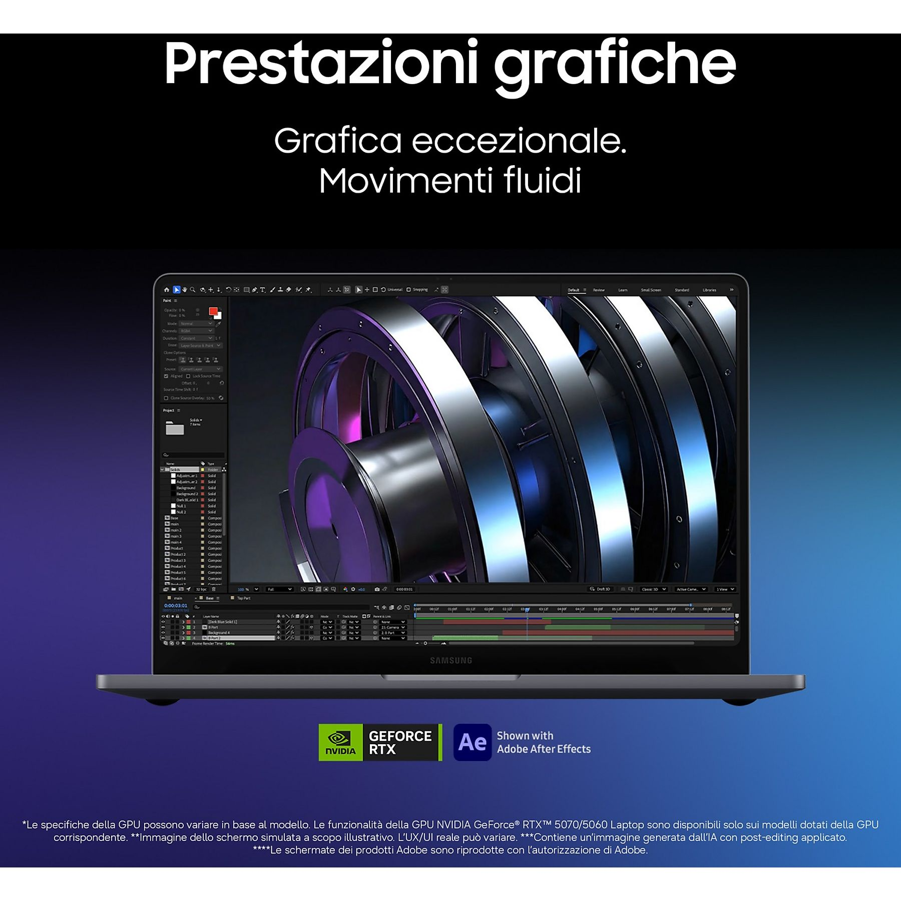 Un laptop mostra software di grafica 3D con un oggetto metallico nei toni viola e blu.