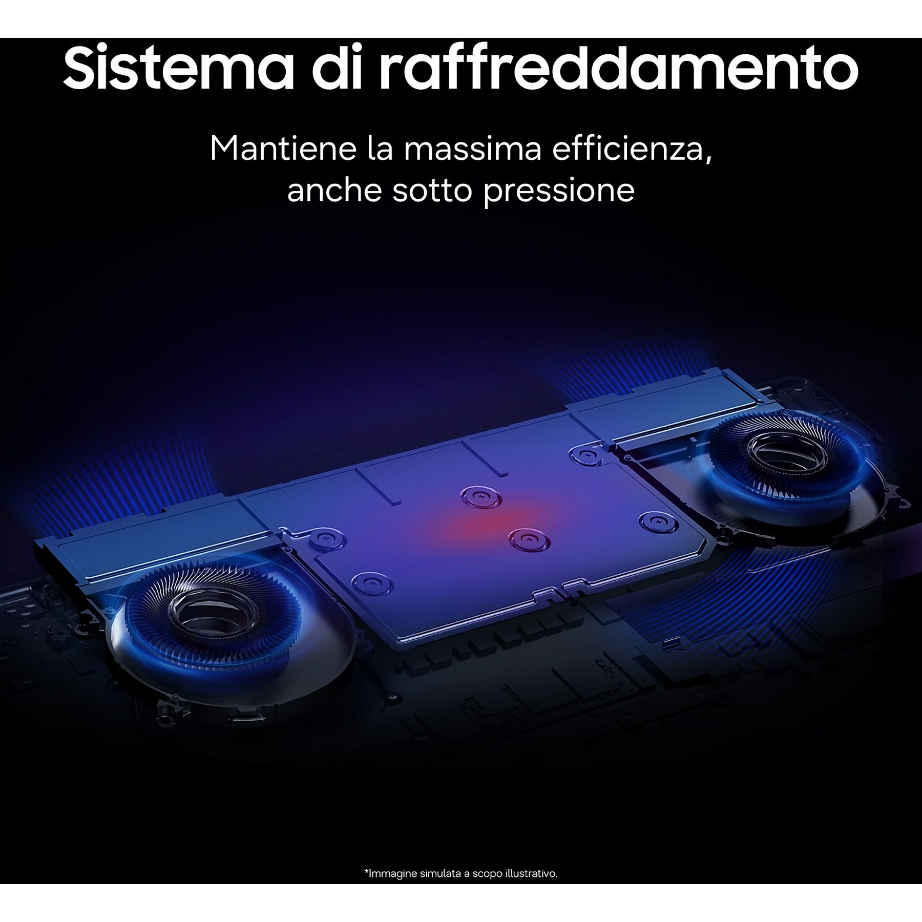 Sistema di raffreddamento con ventole e dissipazione del calore.