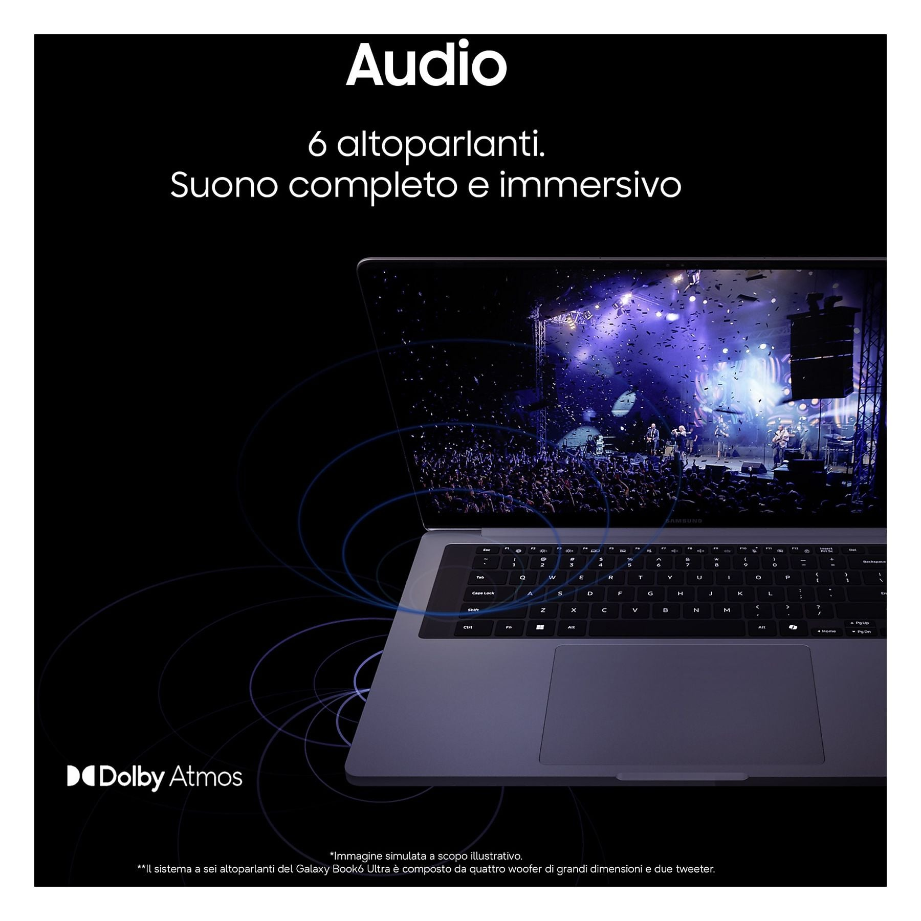 Schermo laptop mostra palco concerto con coriandoli. Logo Dolby Atmos.