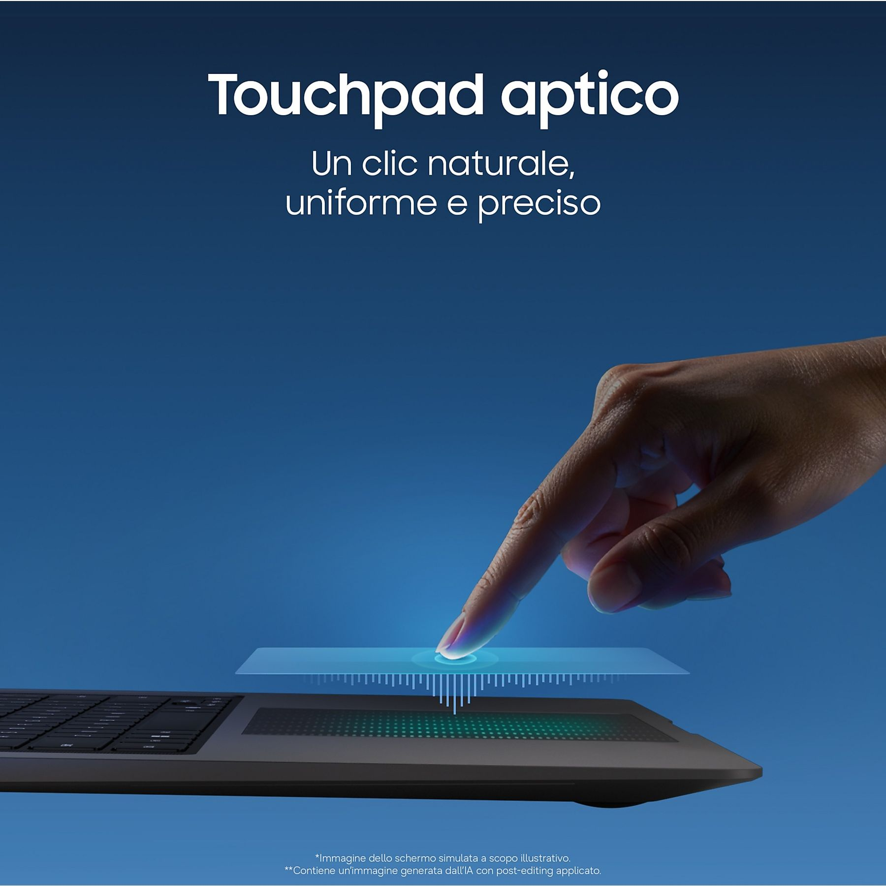 Una mano tocca un punto luminoso sopra un touchpad con tastiera.