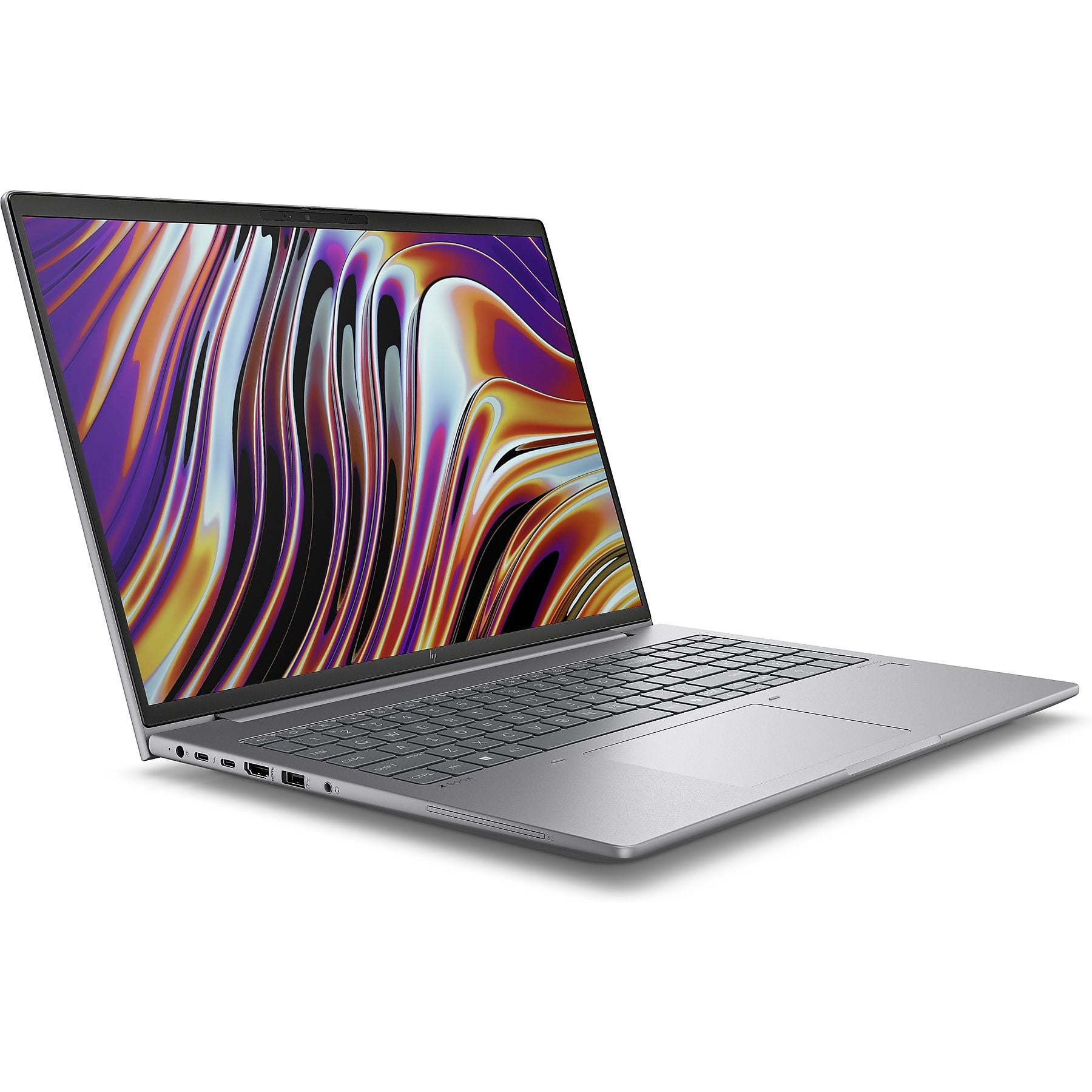 Un laptop argentato con uno sfondo colorato e fluente sullo schermo.