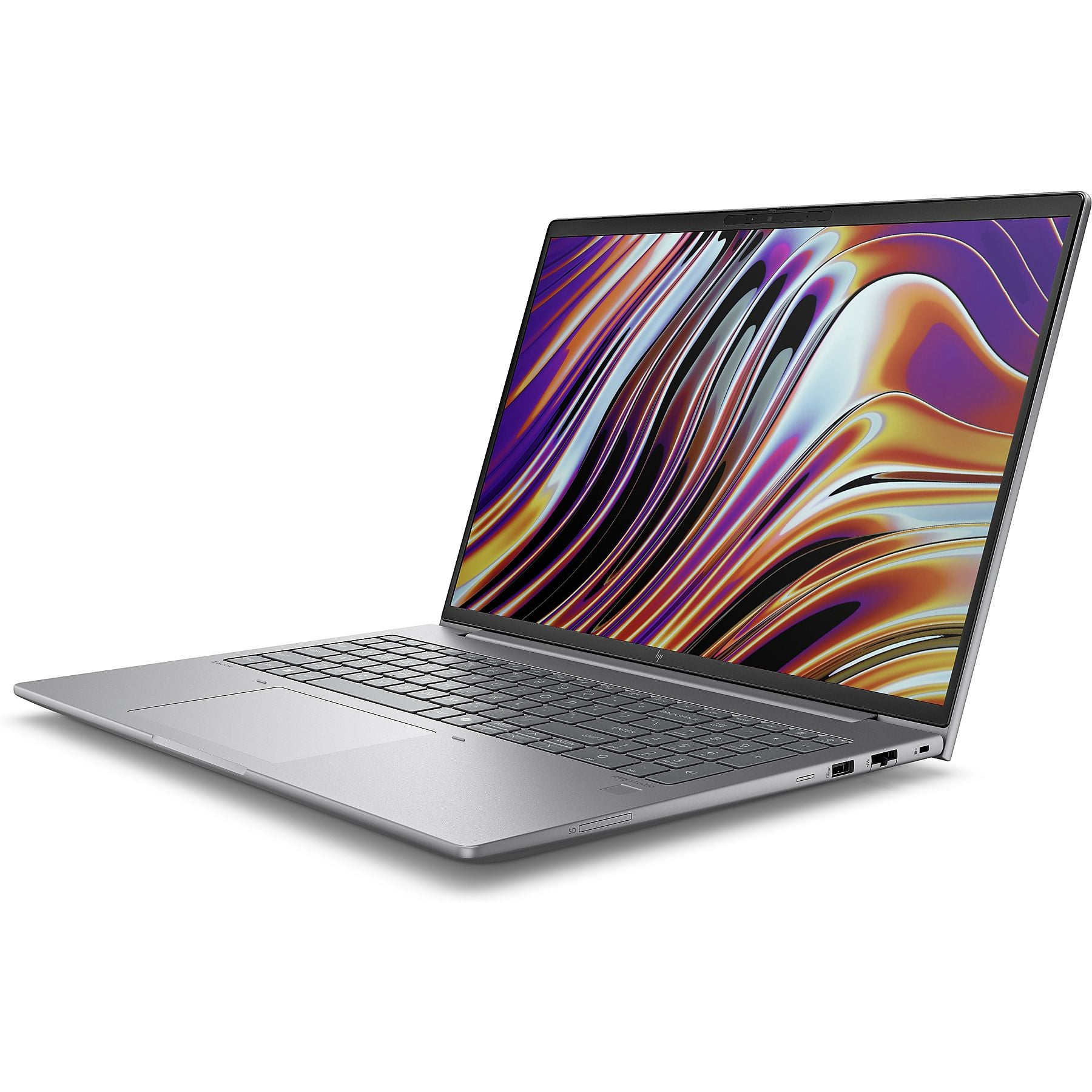 Un laptop argentato con uno sfondo astratto e colorato sullo schermo.