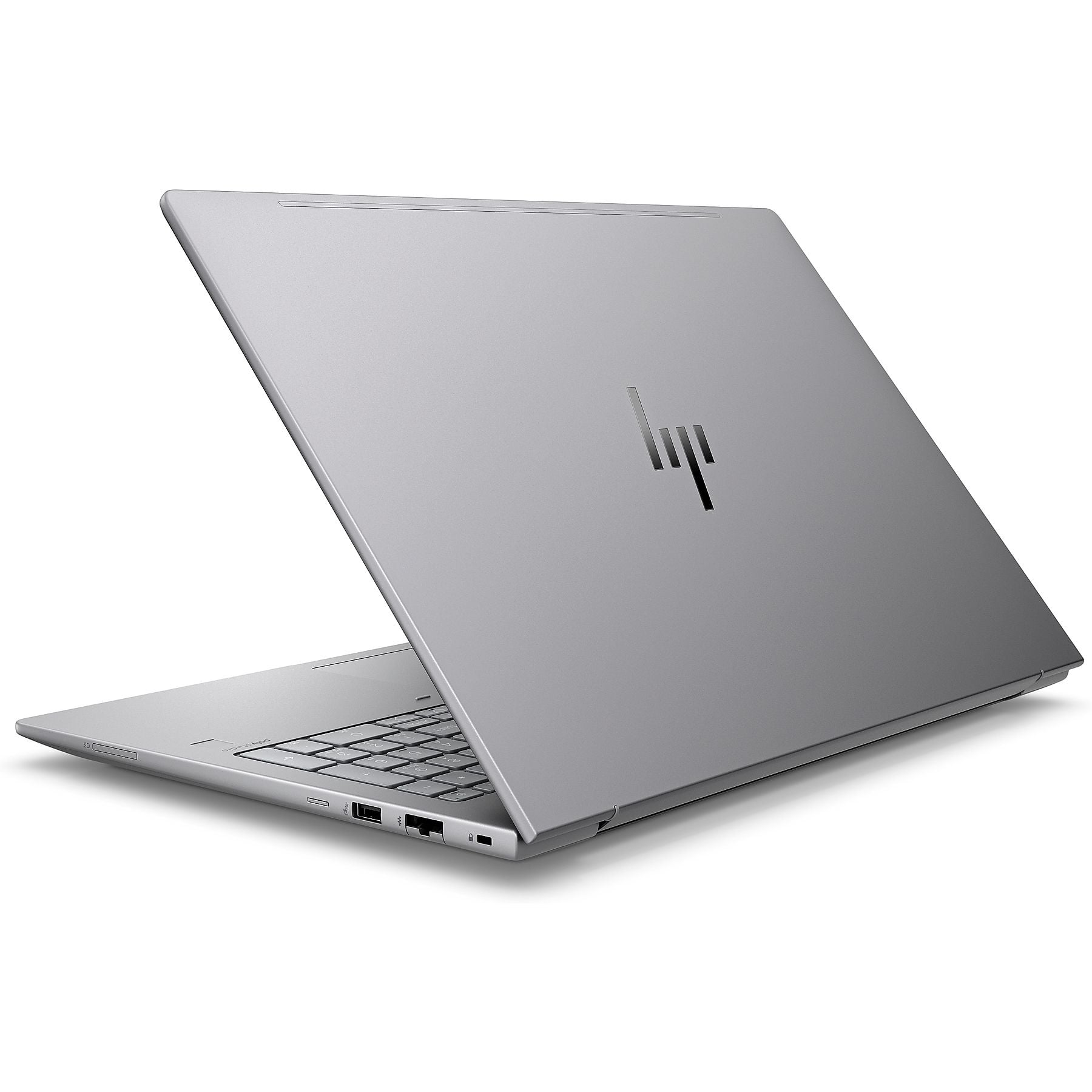 Un laptop argentato è aperto, mostra la tastiera. Il logo HP è sul coperchio.