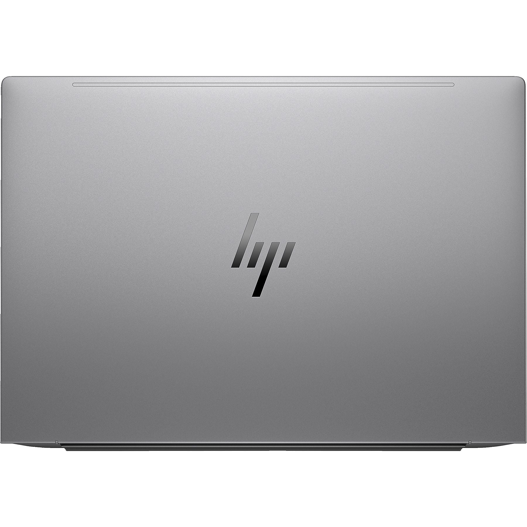 Un laptop HP argentato con logo lucido sul coperchio.