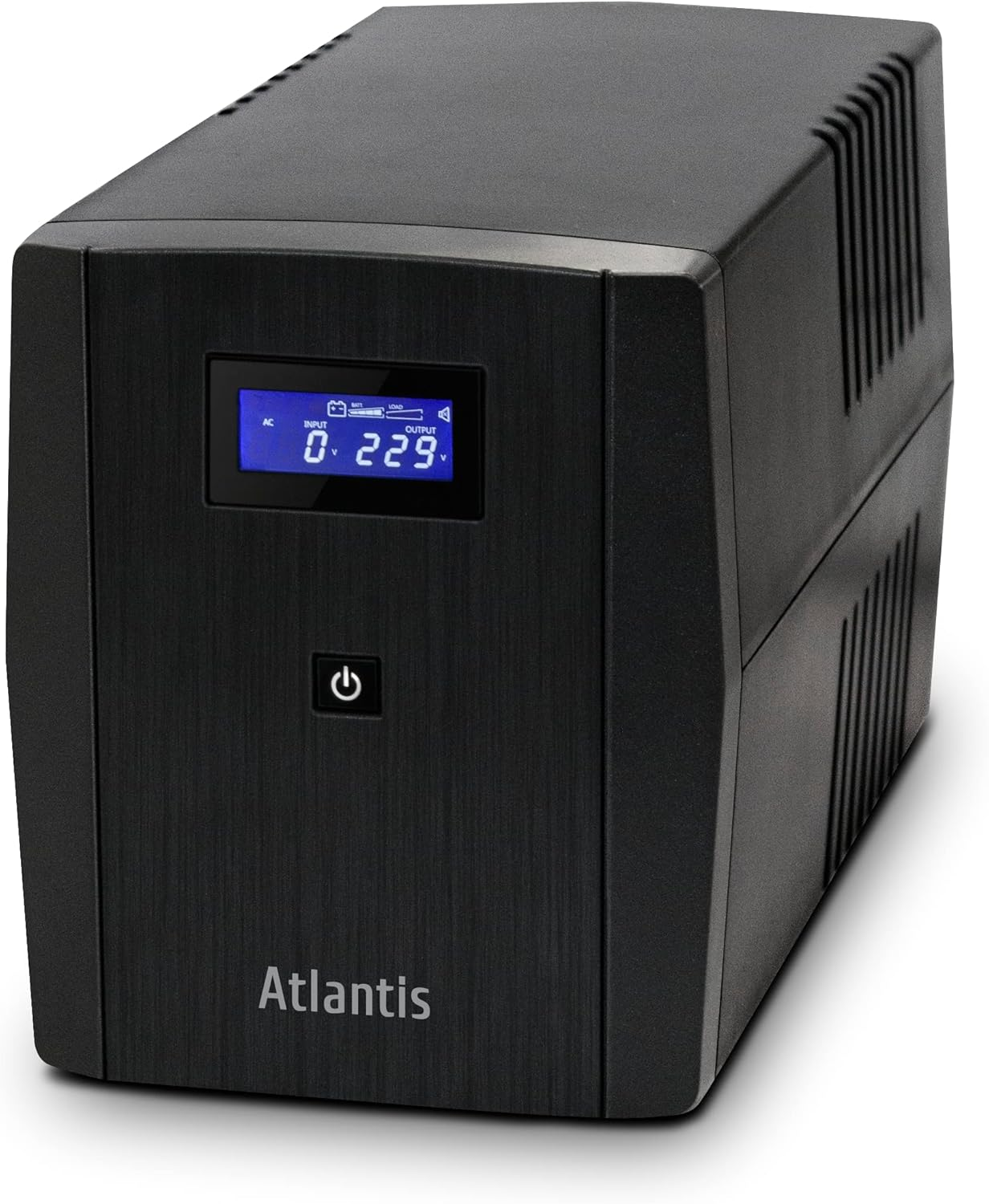 Dispositivo UPS Atlantis nero con display LCD blu e pulsante di accensione.