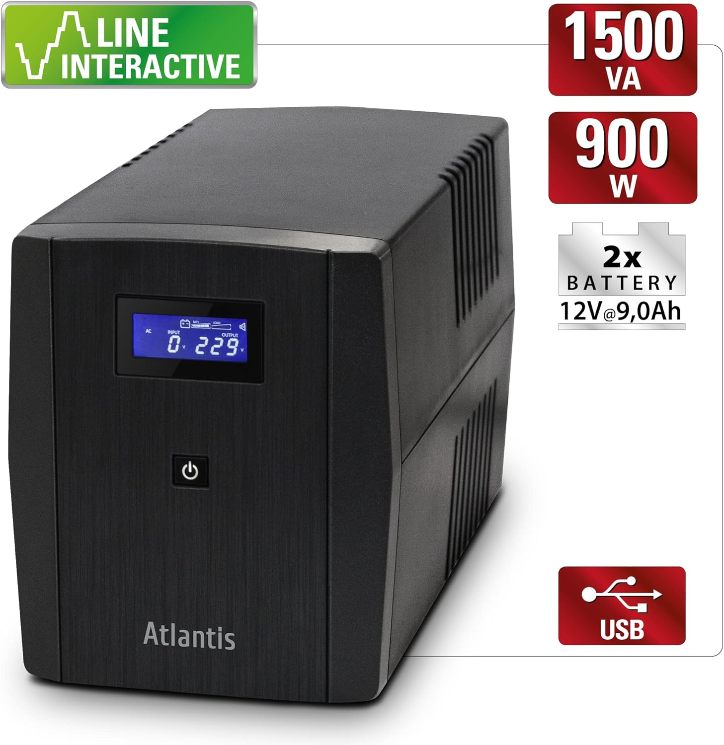 Gruppo di continuità Atlantis nero 1500 VA, 900 W, 2 batterie 12V, porta USB.