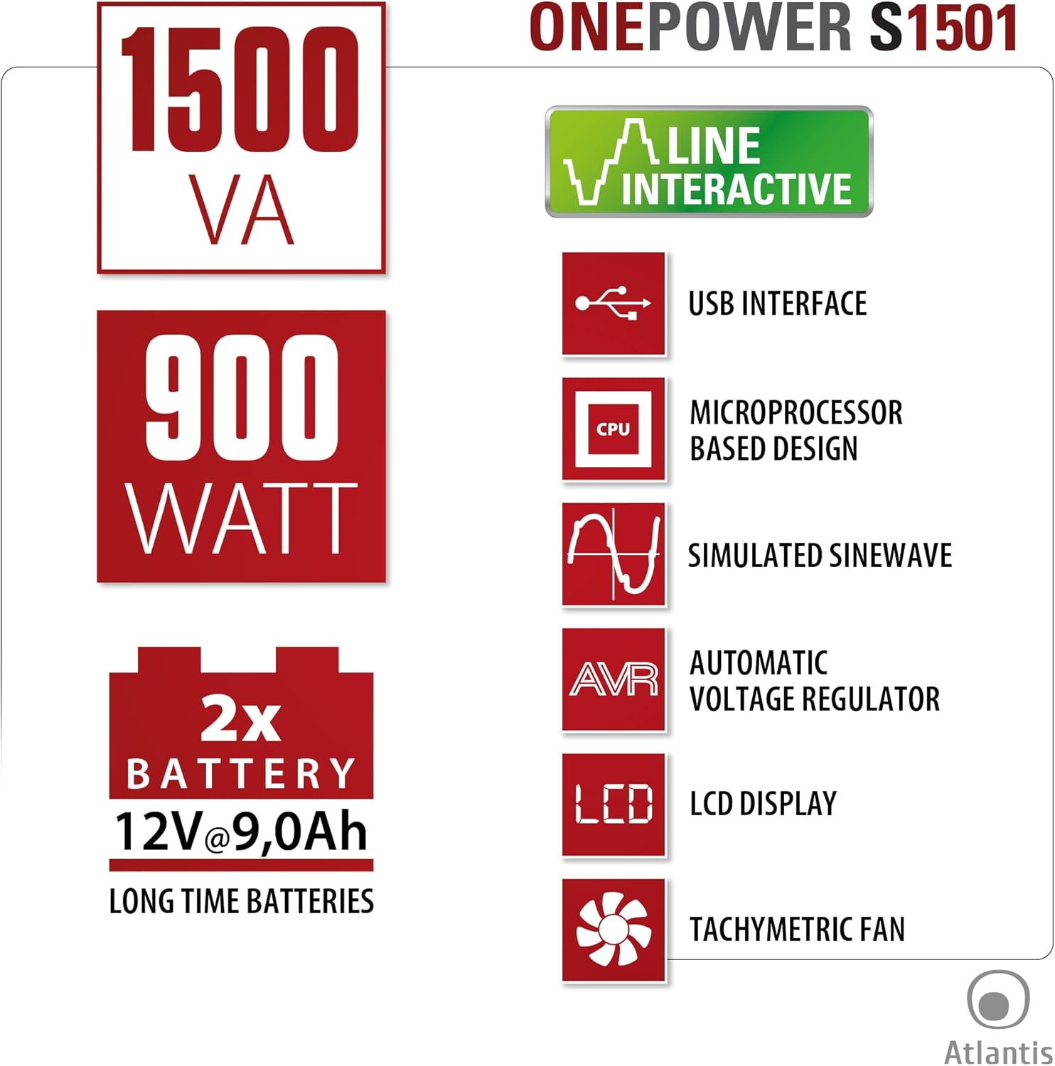 ONEPOWER S1501: 1500 VA, 900 Watt, 2x Batterie 12V 9Ah, USB, CPU, Sinusoidale, AVR, LCD.