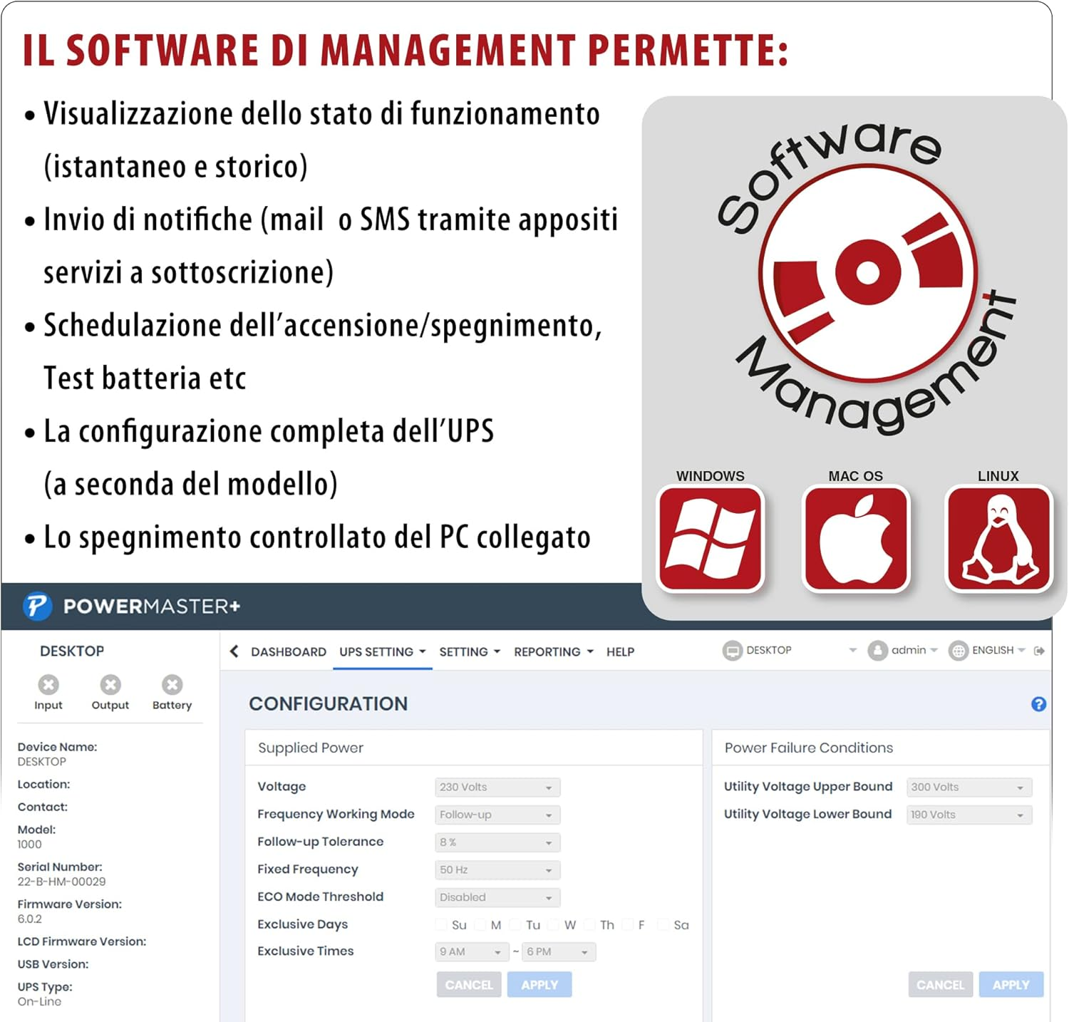 Interfaccia di gestione software con opzioni per Windows, Mac e Linux.