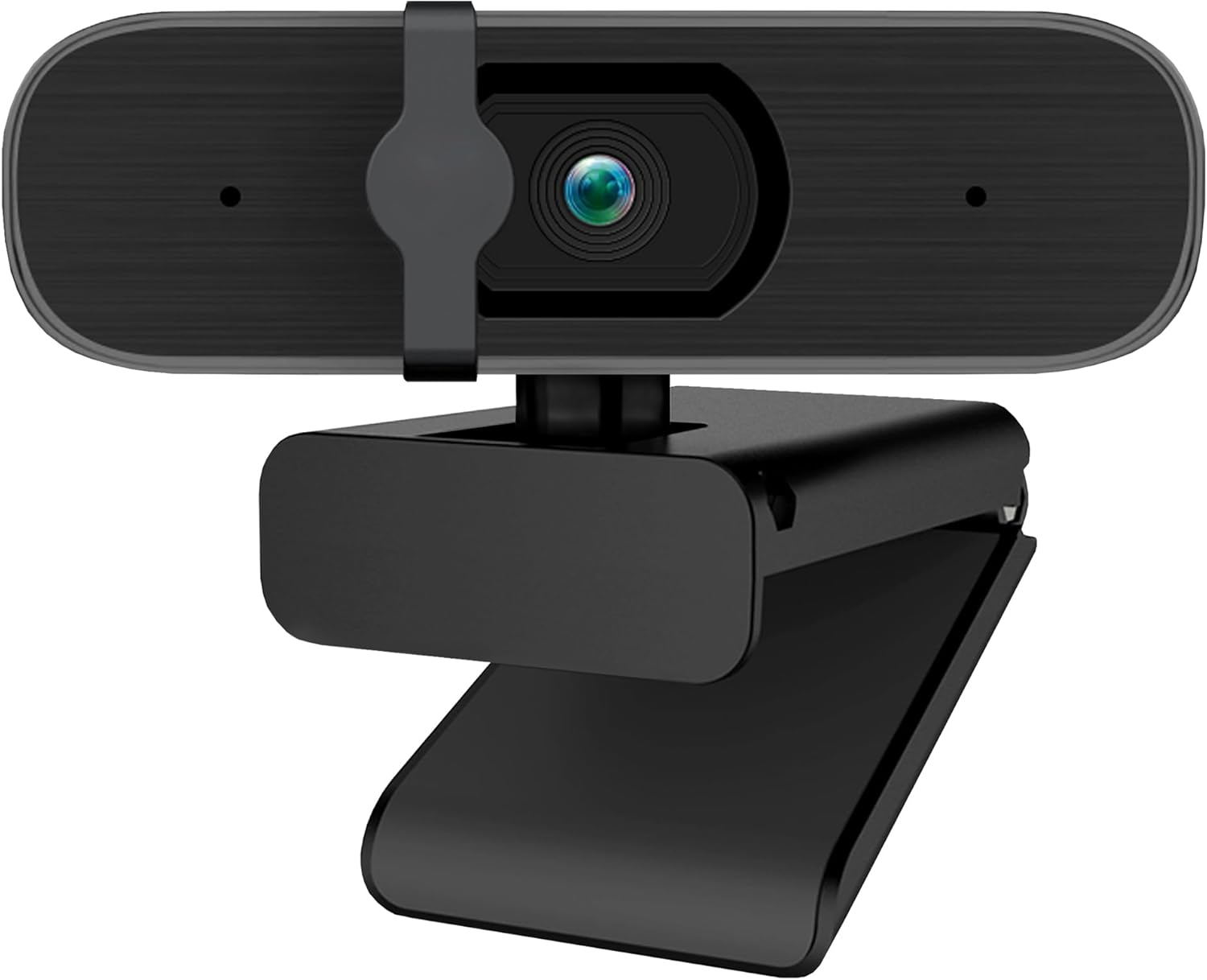 Alloggiamento webcam nero con obiettivo e foro microfono, su supporto.