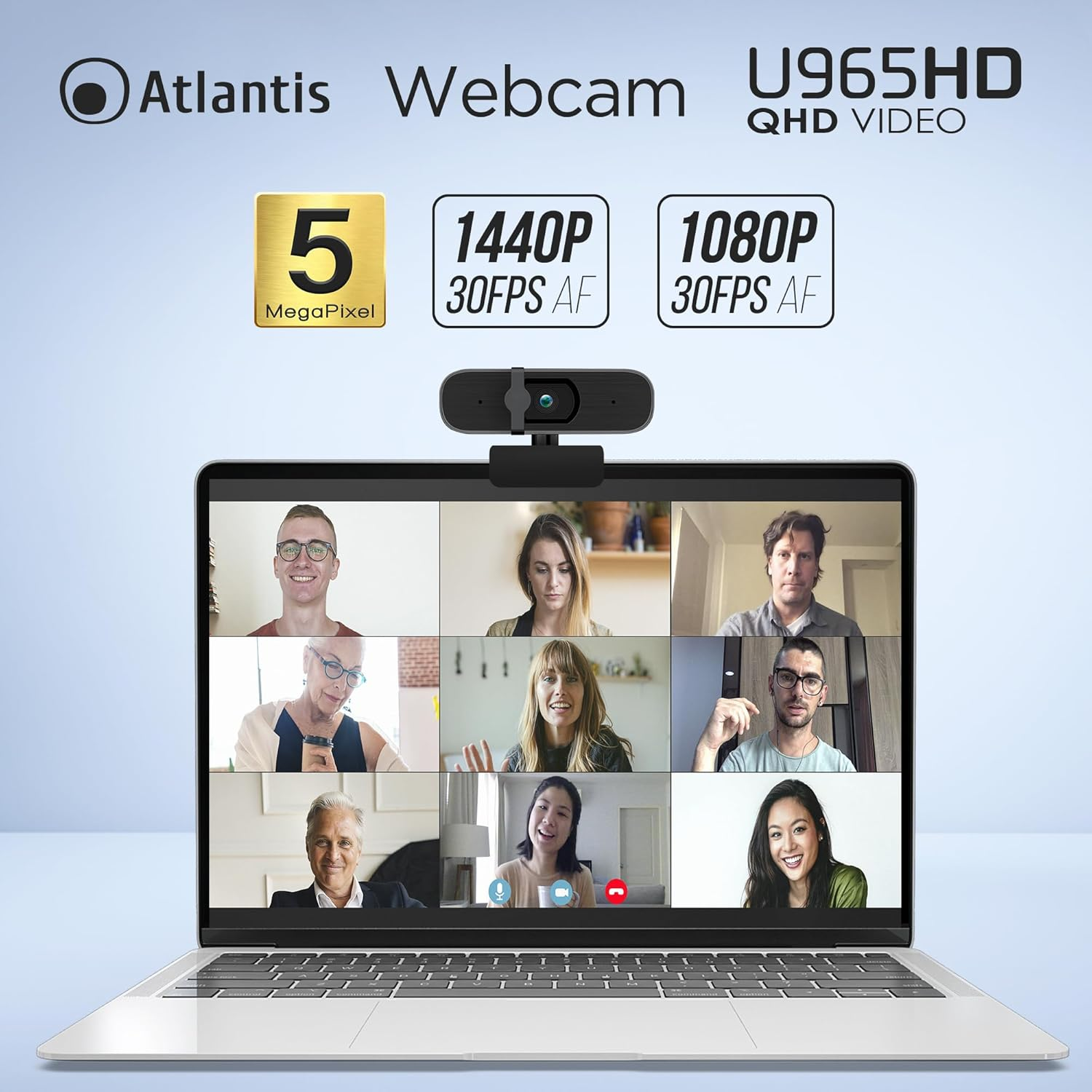Laptop con webcam che mostra una videochiamata di 8 persone. Atlantis U965HD.