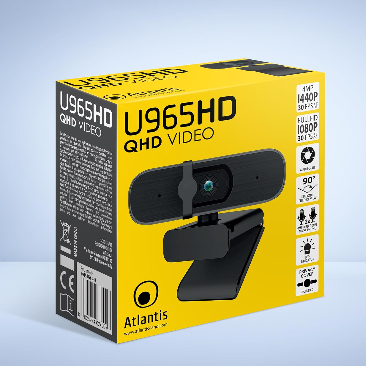 Verpackung einer Atlantis U965HD QHD-Webcam mit Spezifikationen.
