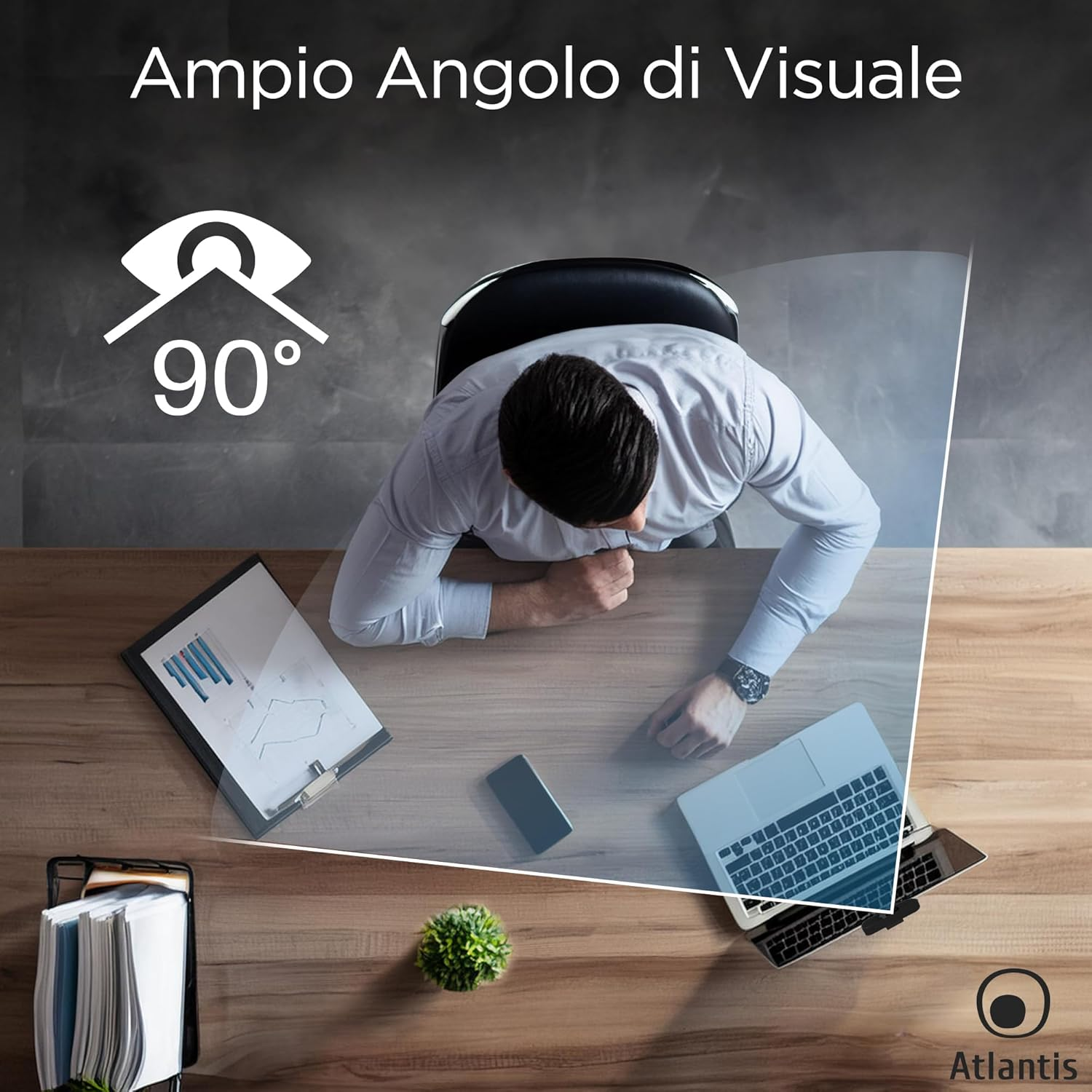 Uomo alla scrivania con laptop e grafici, campo visivo di 90°.
