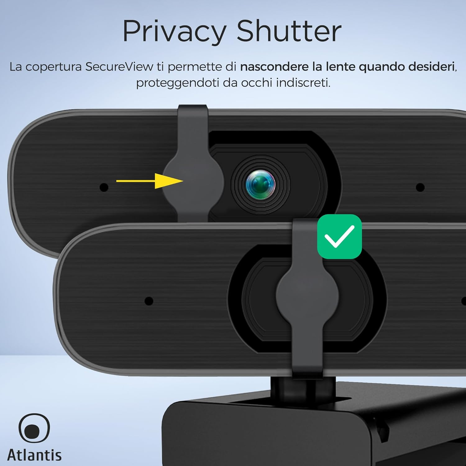 Webcam con otturatore scorrevole per la privacy che copre l'obiettivo.
