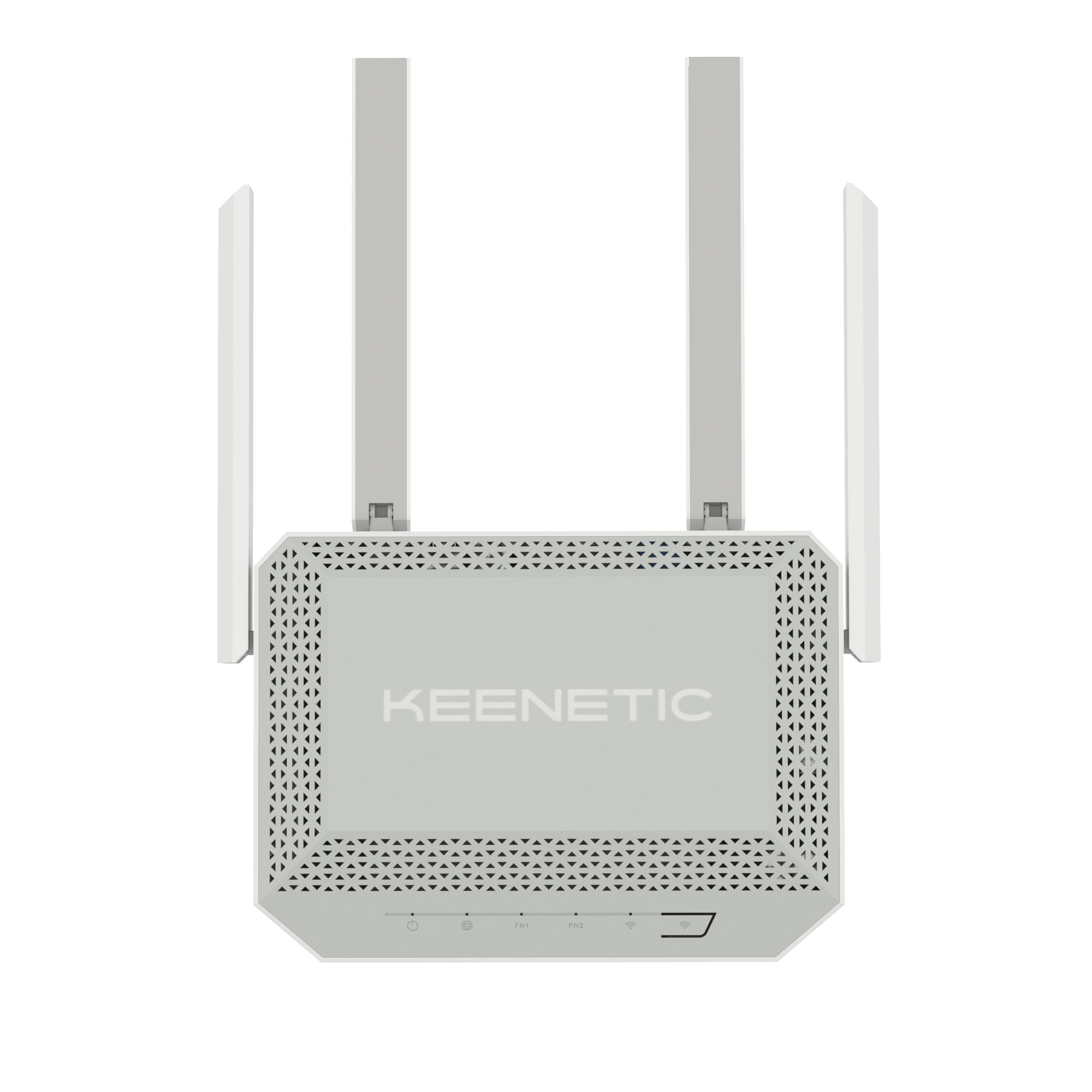 Jasnoszary router Keenetic z czterema antenami i wskaźnikami.