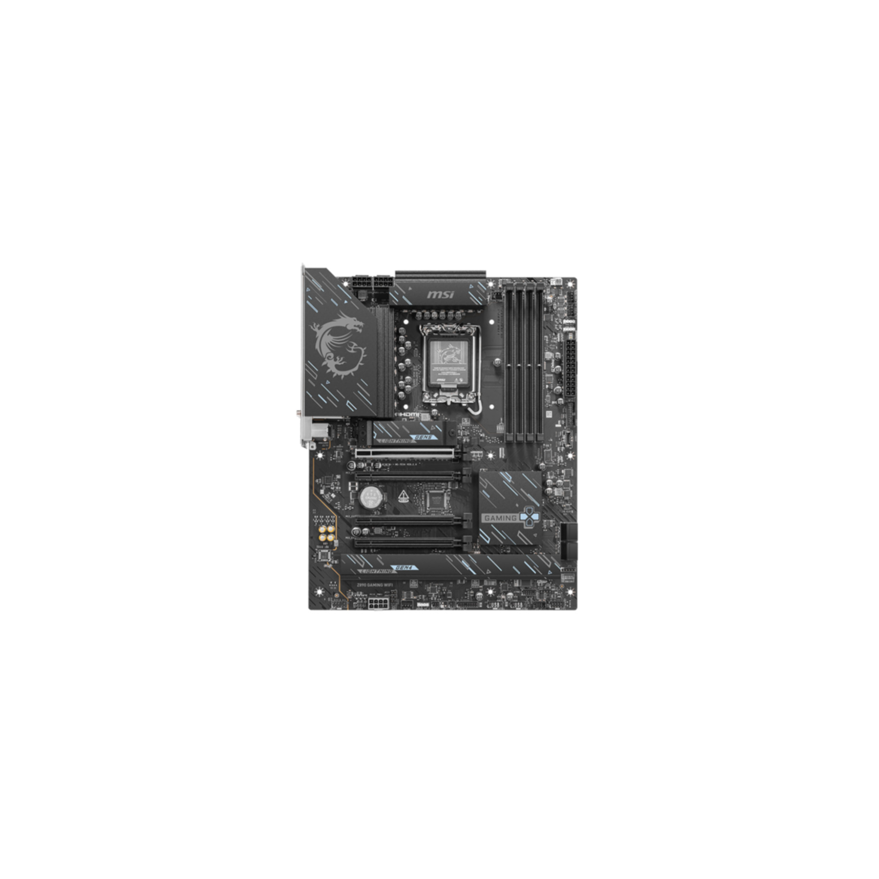 Czarna płyta główna MSI do gier ze srebrnymi akcentami i logo smoka.